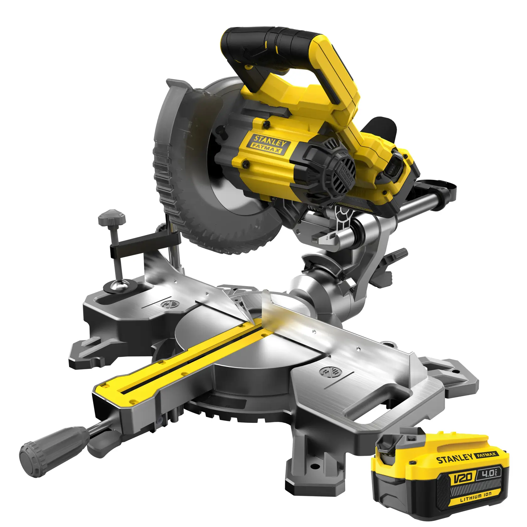 STANLEY SFMCS701M1 miter saw, yellow and black, side angle, cordless, with silver base and guide rail.