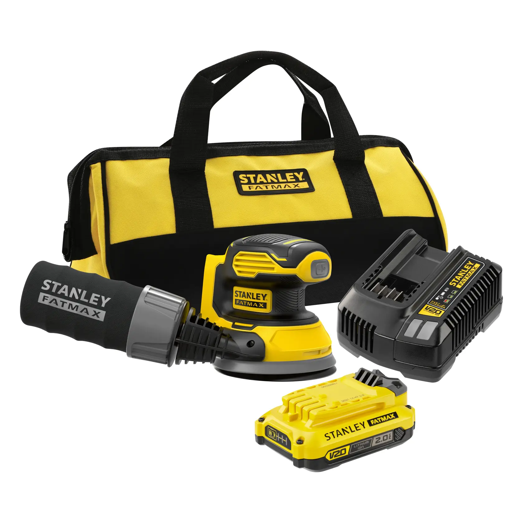 STANLEY SFMCW220D1S cordless yellow and black sander, right side angle, with dust bag attachment.