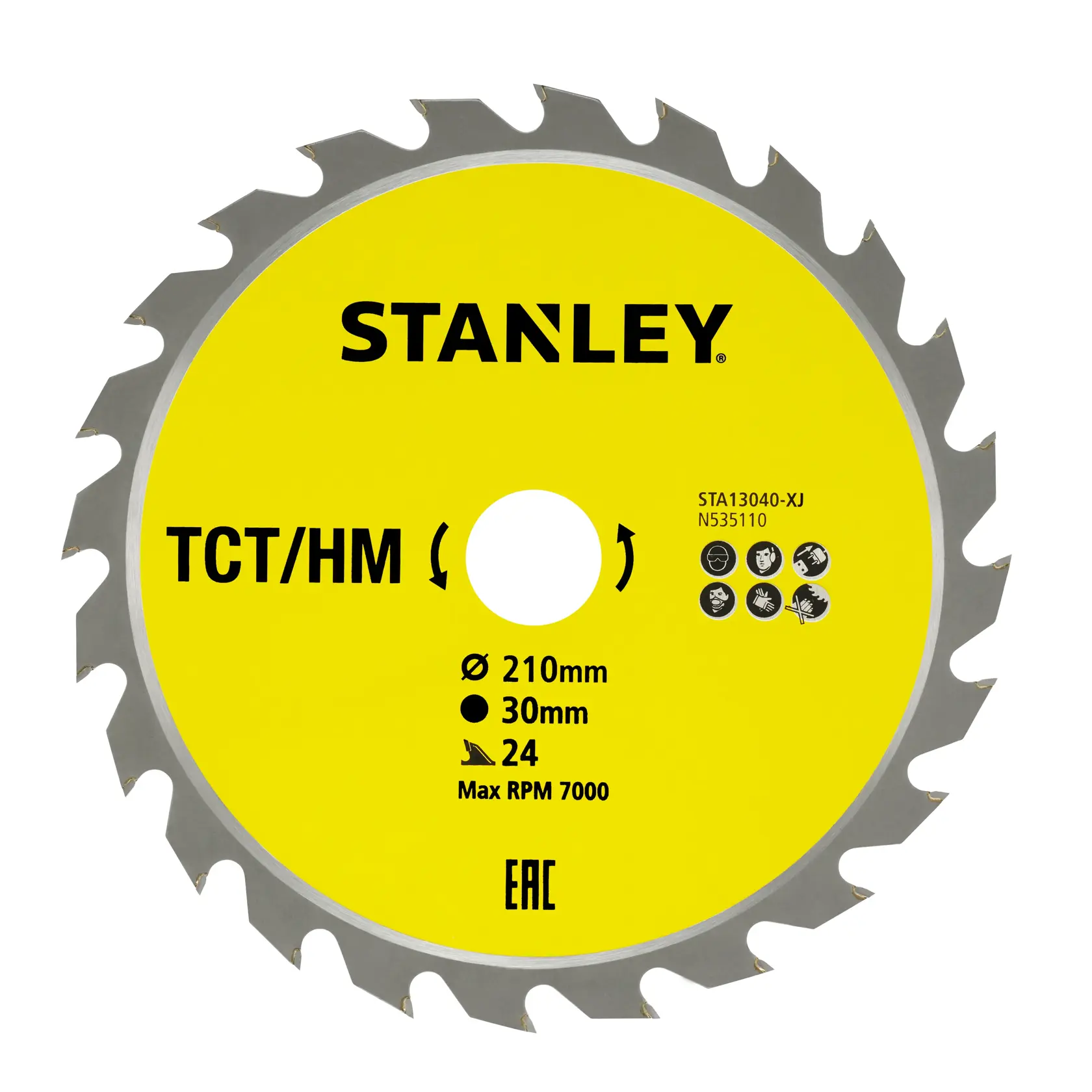 STANLEY STA13040 circular saw blade, yellow center, 24 teeth, photographed from front on white background.