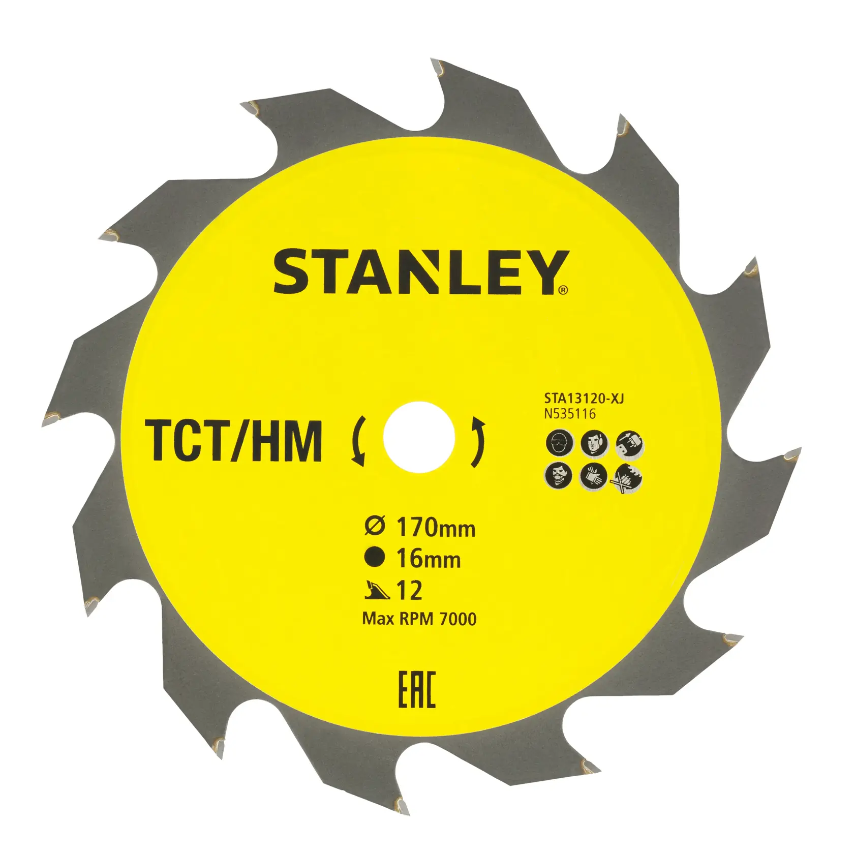 STANLEY STA13120 circular saw blade, yellow with grey tips, front angle, photography product.