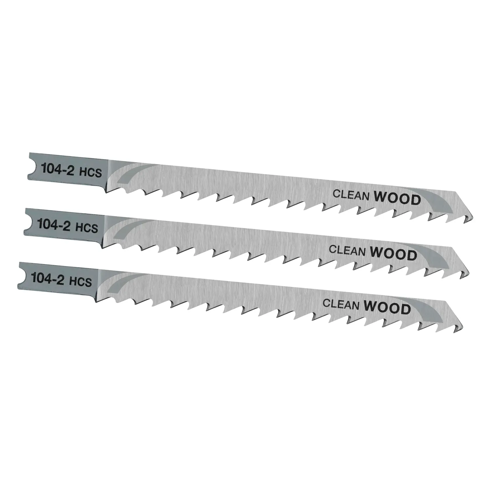 STANLEY STA21023 jigsaw blades for clean wood cuts, set of three, side view on white background.