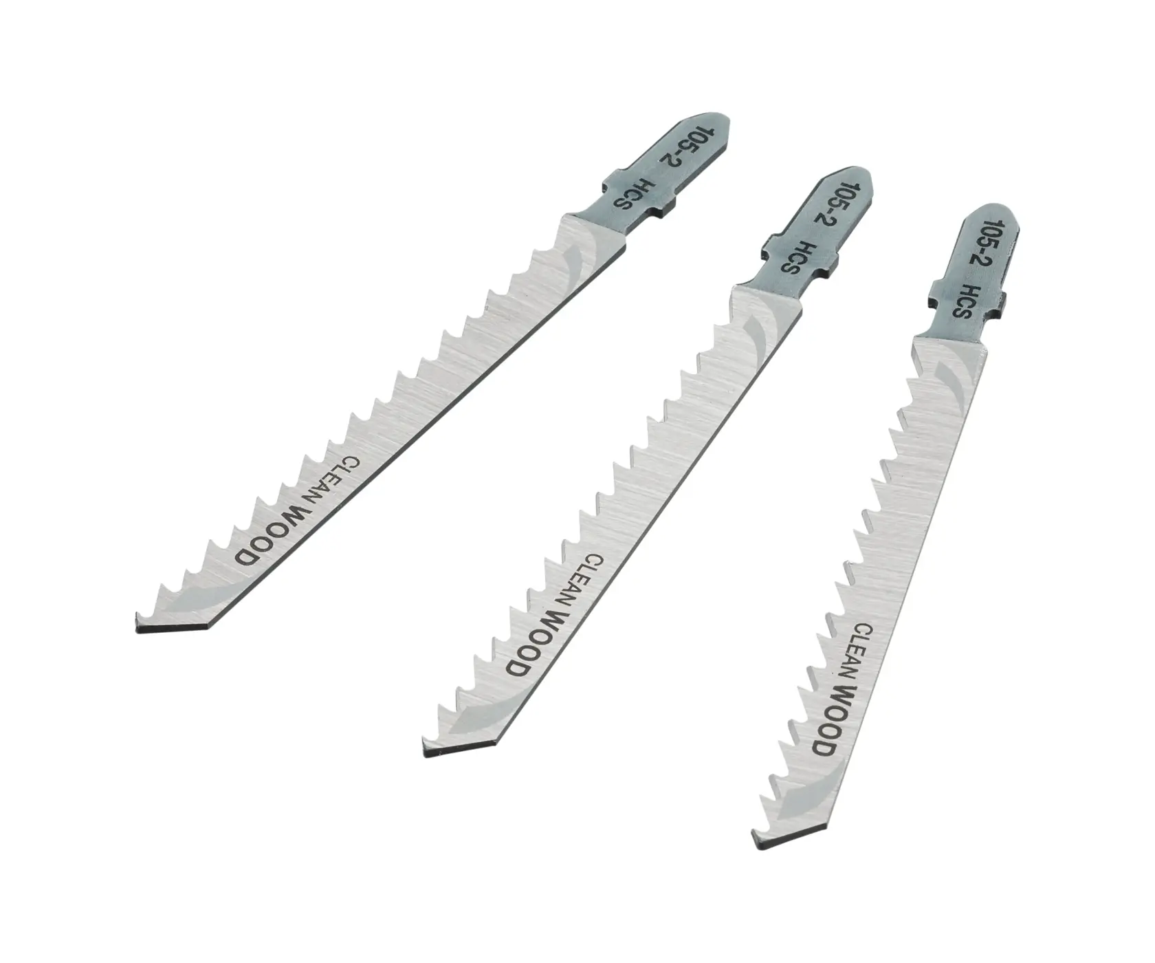 STANLEY STA21063 jigsaw blades for clean wood, silver color, three pieces, angled on white background.