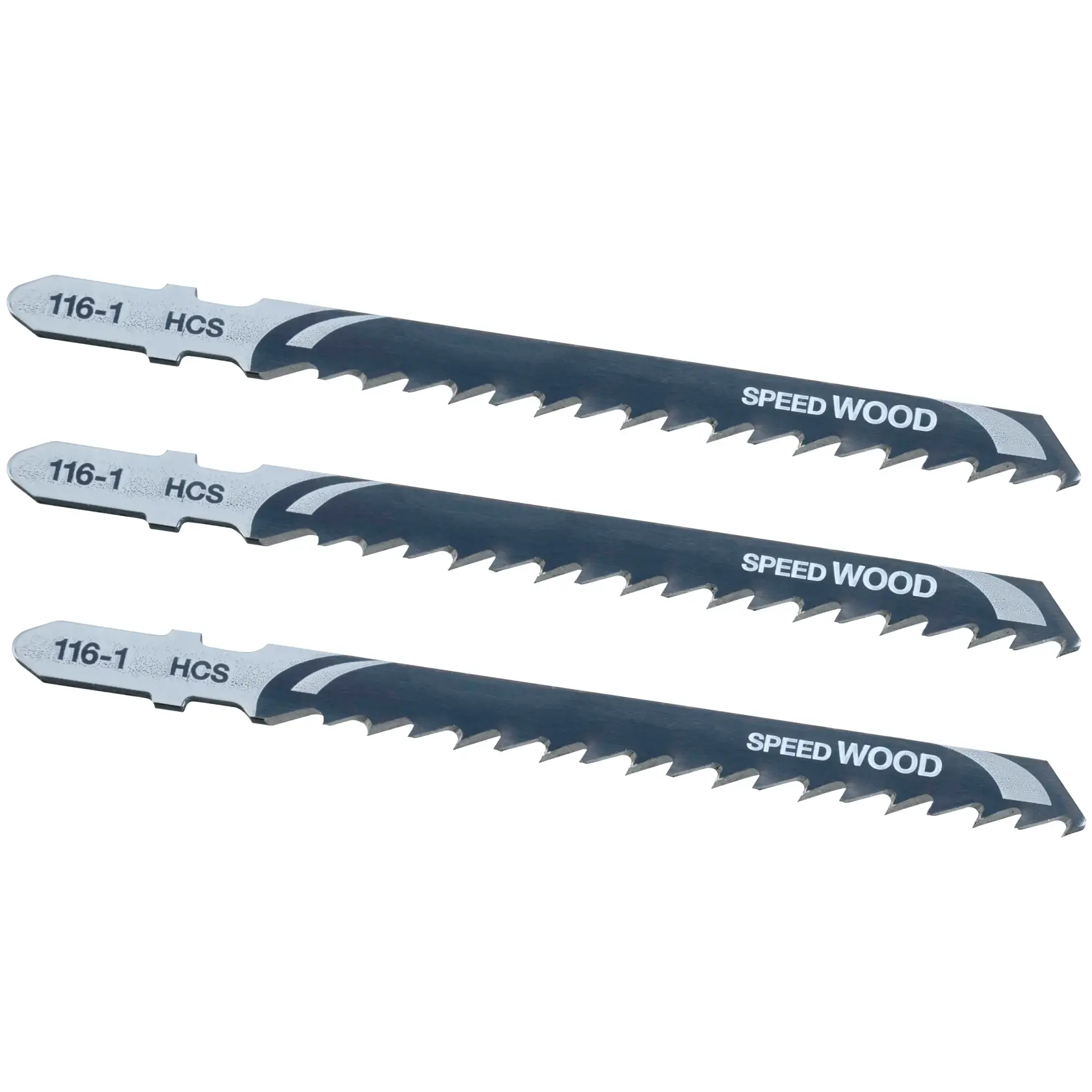 STANLEY STA21073 jigsaw blades for wood, set of three, photographed from above on white background.