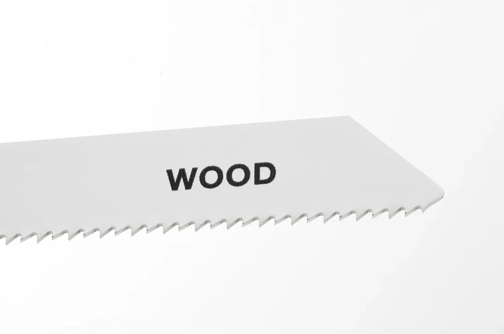 STANLEY STA21192 wood saw blade, close-up side angle, white finish with sharp teeth.
