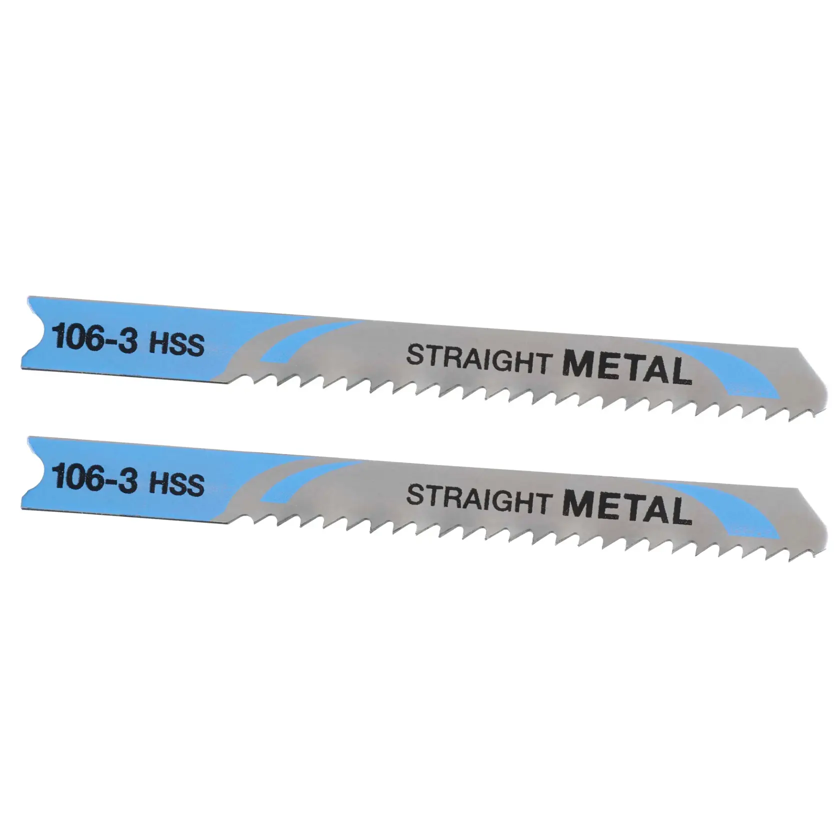 Photo of two STANLEY STA22002 metal jigsaw blades with straight teeth and blue-gray design, top angle view.