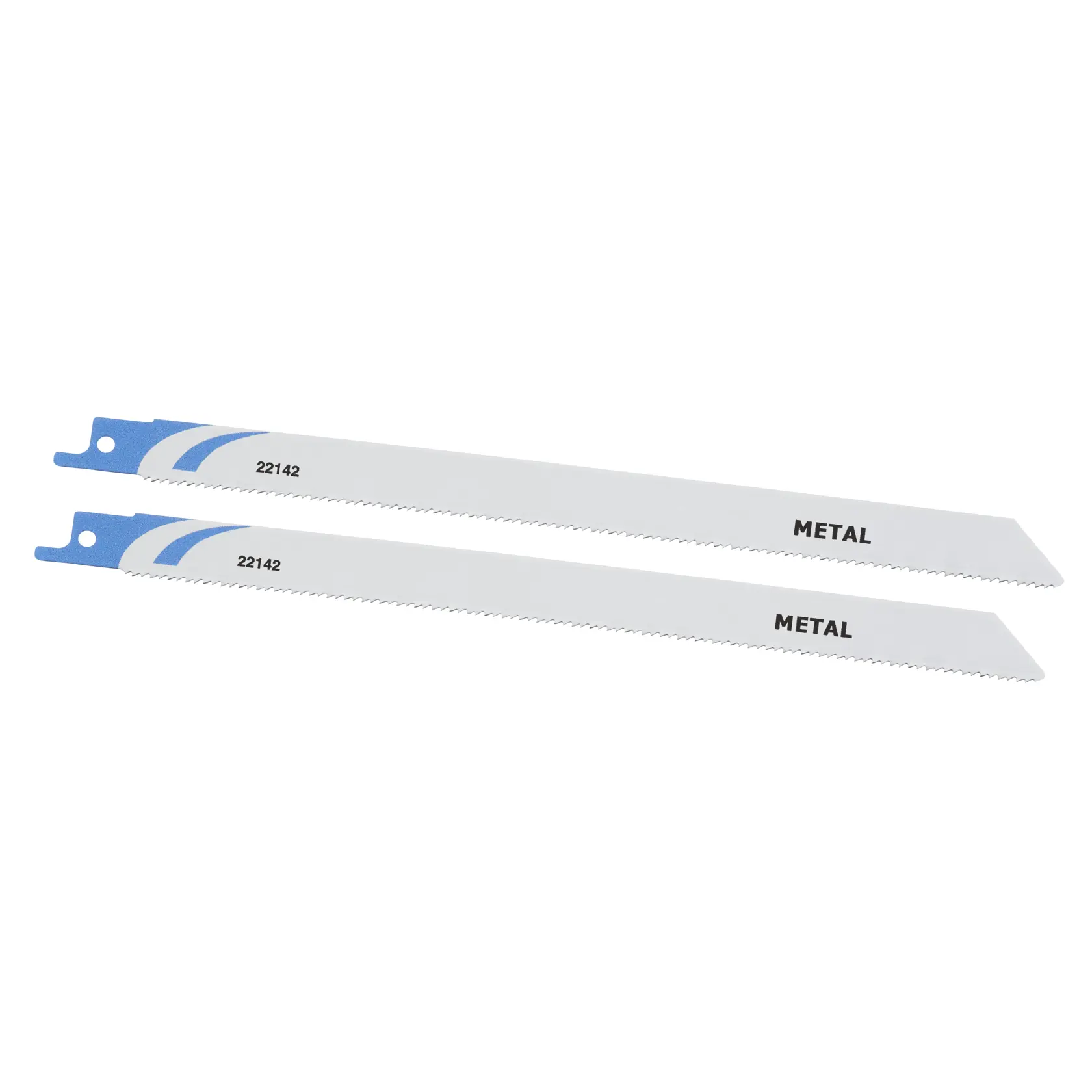 STANLEY STA22142 metal reciprocating saw blades, set of two, white and blue, side view on white background.