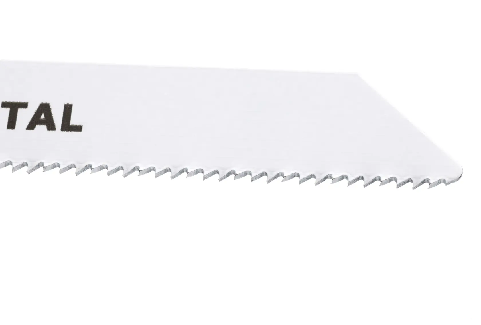 STANLEY STA22142 white metal saw blade, angled close-up showing fine teeth on white background.