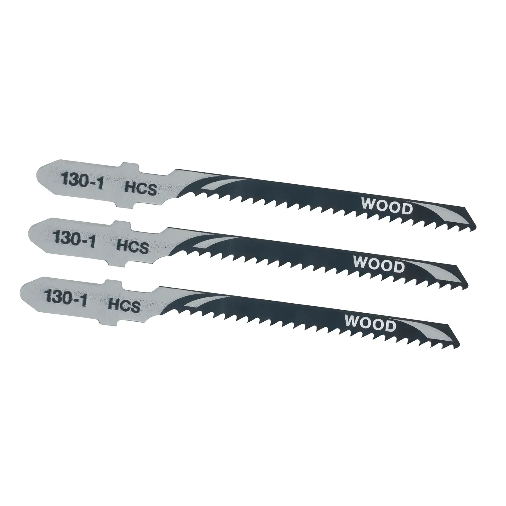 STANLEY STA23043 wood jigsaw blades set, three silver and black blades shown on white background, side view.