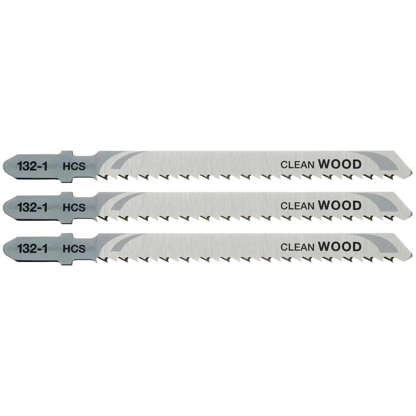 STANLEY STA23073 three silver jigsaw blades for clean wood cutting, product photography on white background.