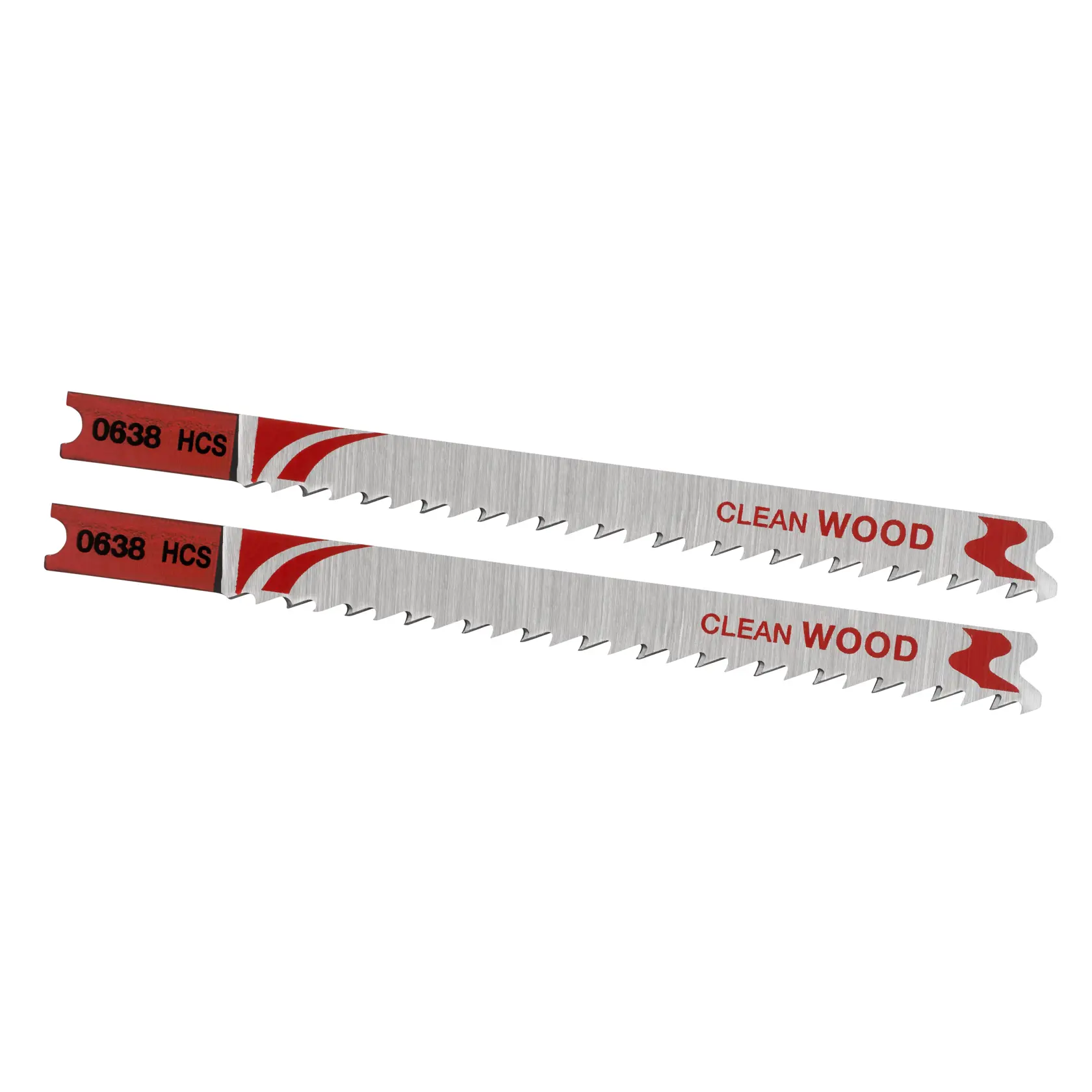 Photo of STANLEY STA25502 jigsaw blades for clean wood cutting, silver with red accents, side angle.