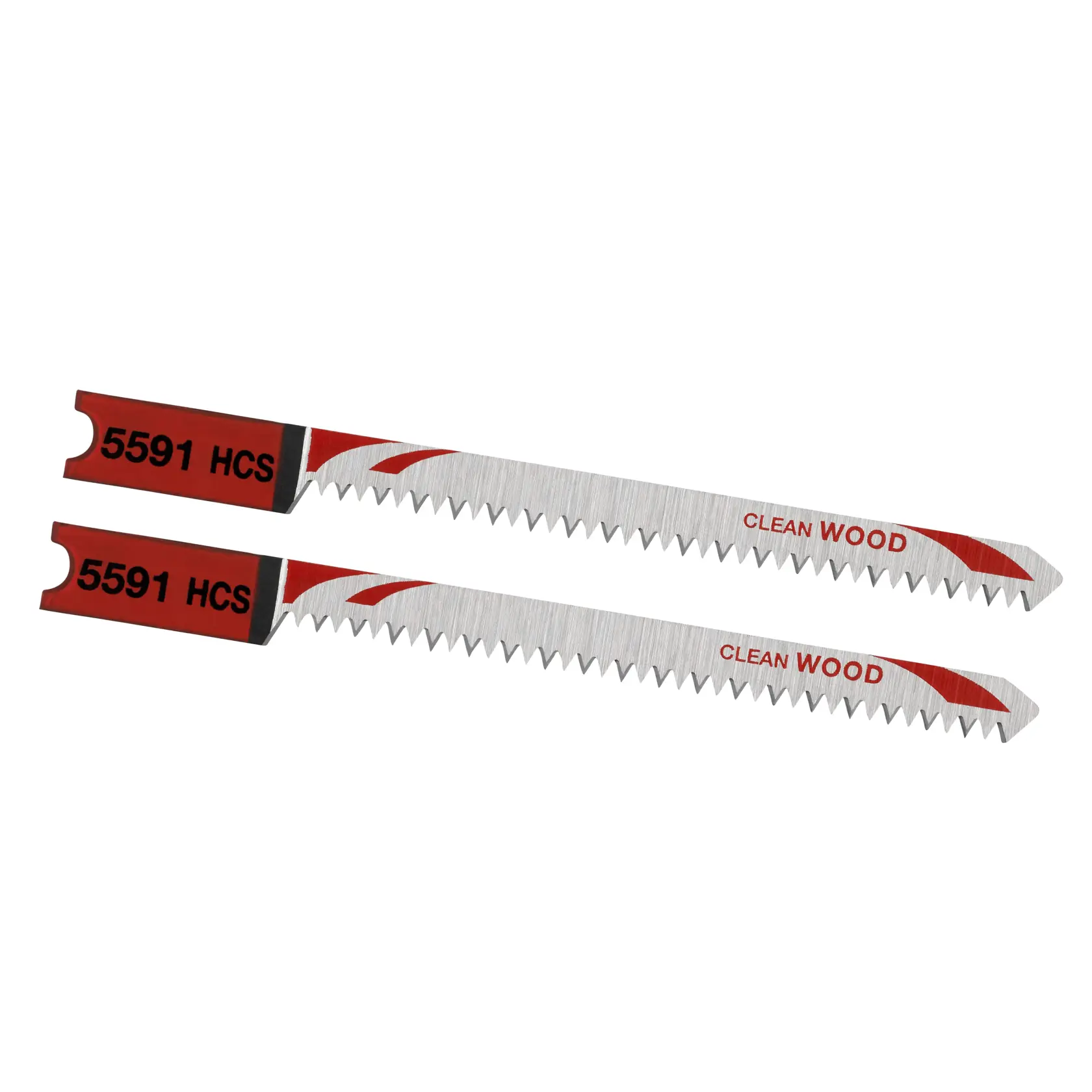 STANLEY STA25532 jigsaw blades for clean wood, pack of 2, silver with red detail, flat lay on white background.