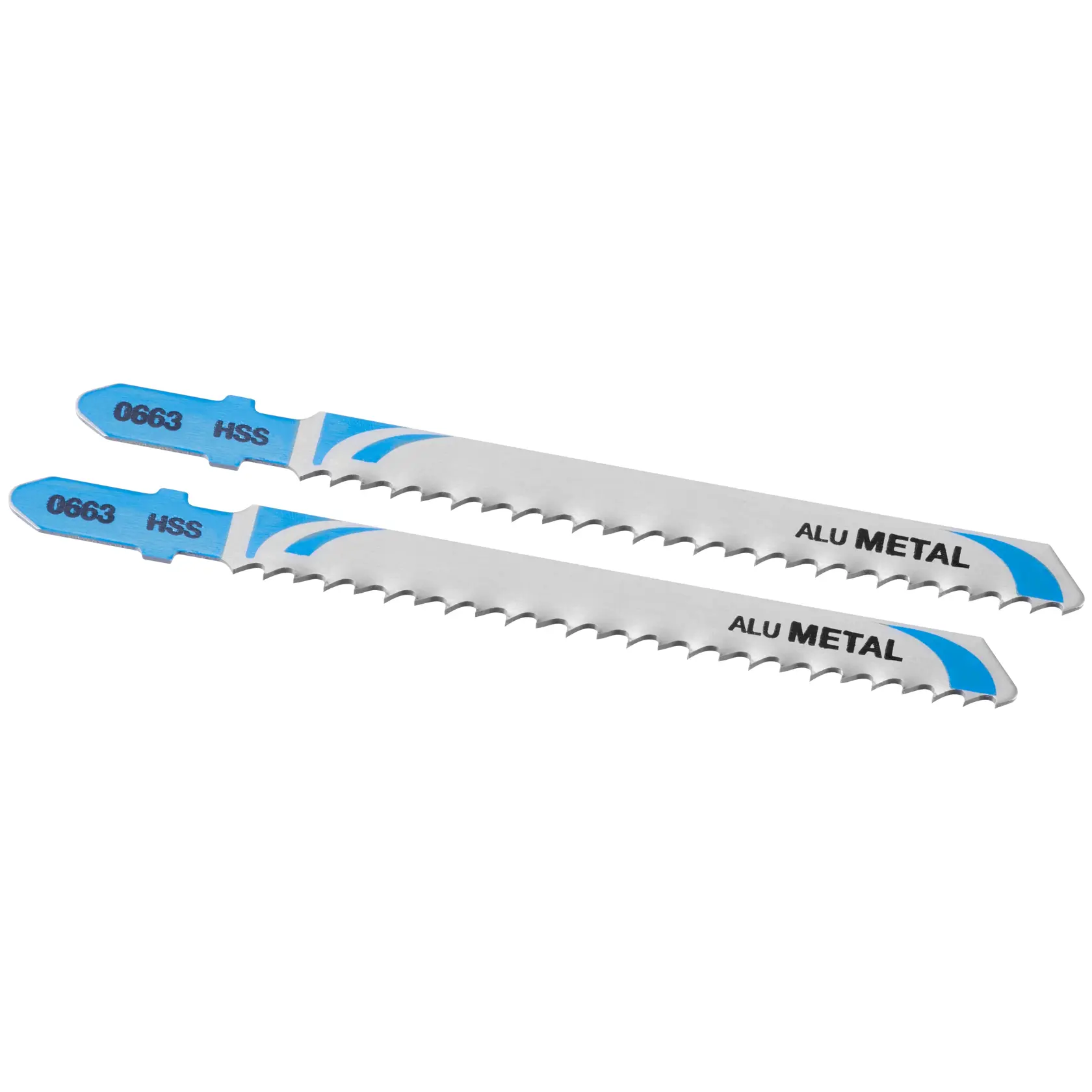 STANLEY STA25802 metal jigsaw blades, silver with blue accents, side angle on white background.