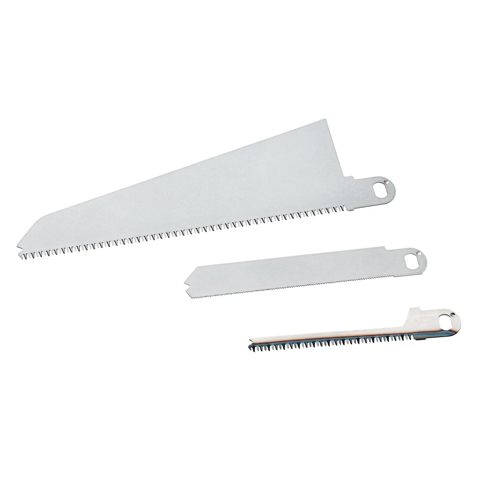 STANLEY STA29991 saw blade set, three silver blades, product photography, top view on white background.