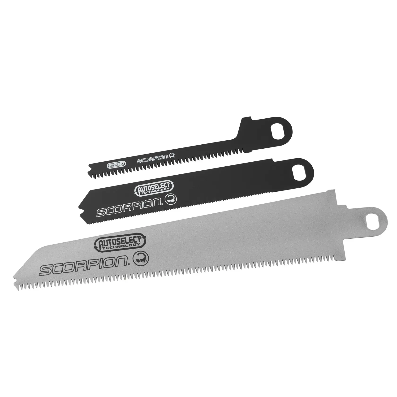 STANLEY STA29992 saw blades set, photography of three AutoSelect Scorpion blades, white background, front angle.