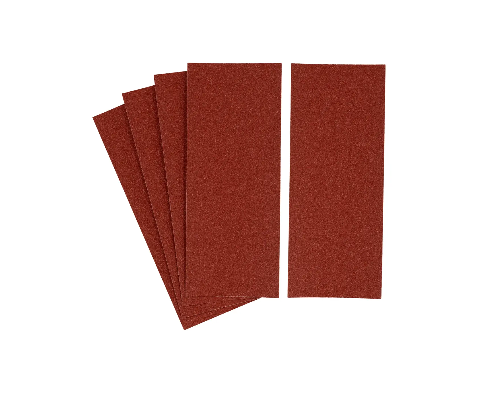 STANLEY STA31011 pack of five rectangular brown sandpaper sheets, top-down view, photography on white background.