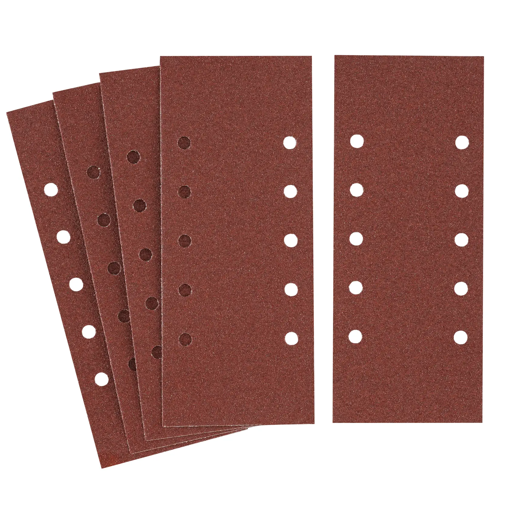 STANLEY STA31066 sanding sheets, brown, pack of five, rectangular with eight dust extraction holes, top view.