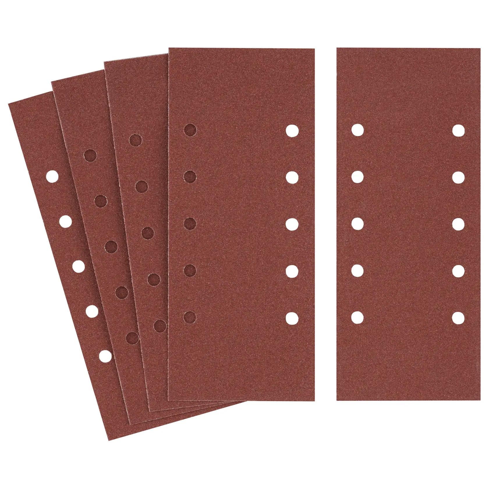 STANLEY STA31071 rectangular sanding sheets set with pre-cut holes, brown, top view, on white background.