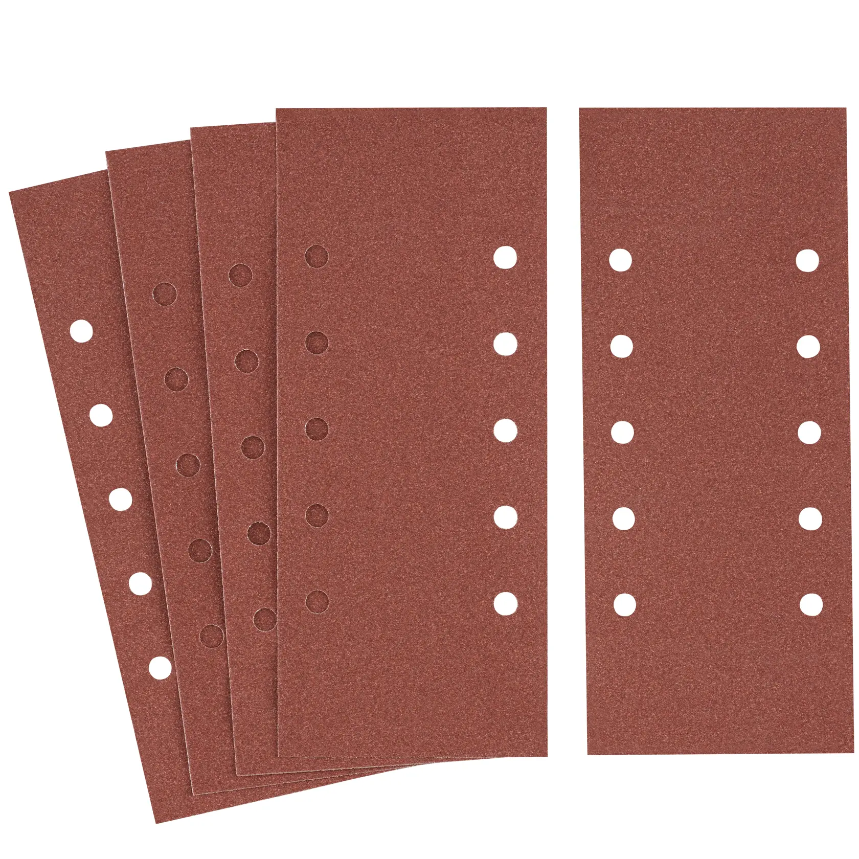 STANLEY STA31076 rectangular brown sanding sheets with multiple round holes, front angle on white background.