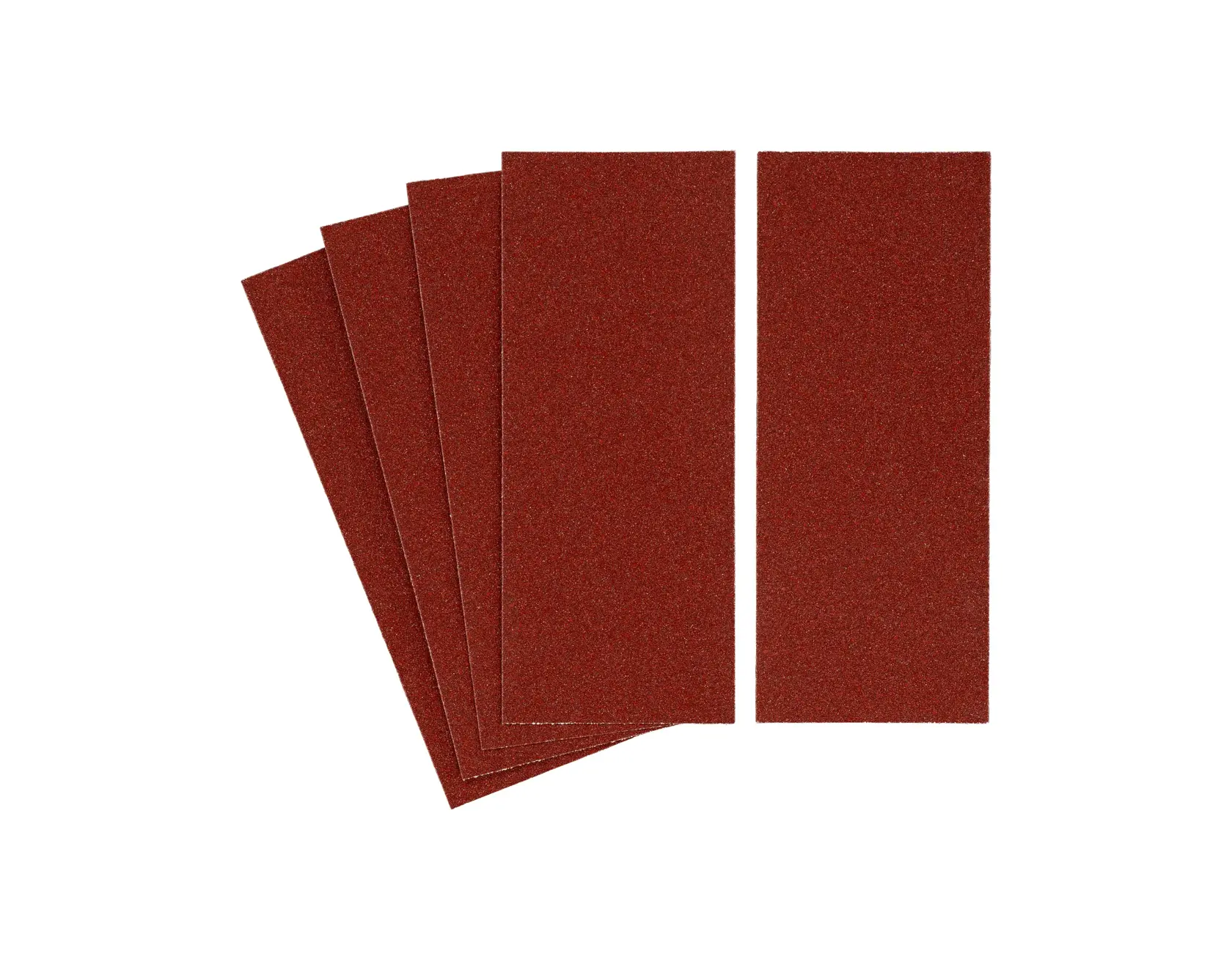 STANLEY STA31093 rectangular sandpaper sheets, brown, set of five, top view, on white background.