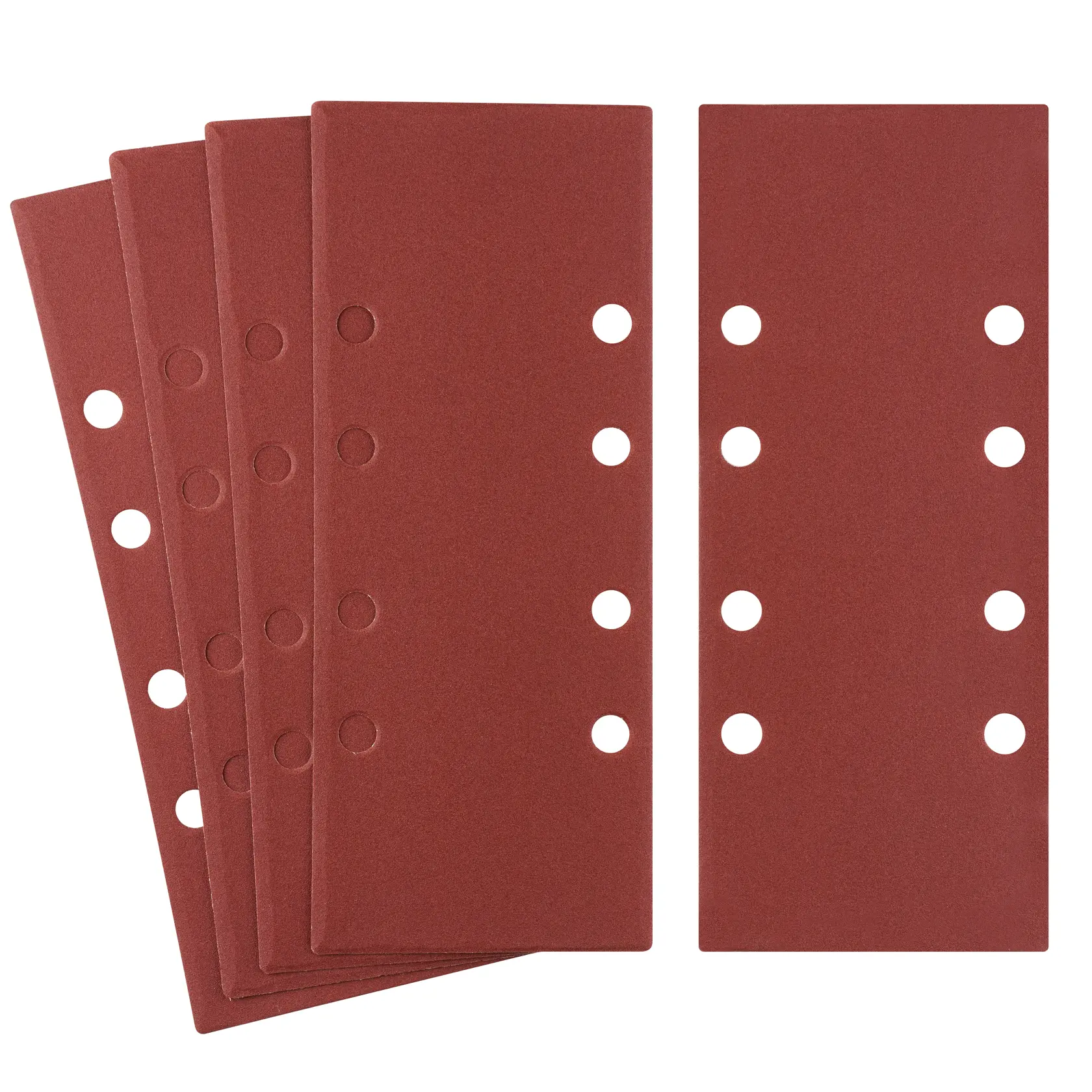 STANLEY STA31133 rectangular sanding sheets with eight holes, brown, pack of five, top angle on white background.