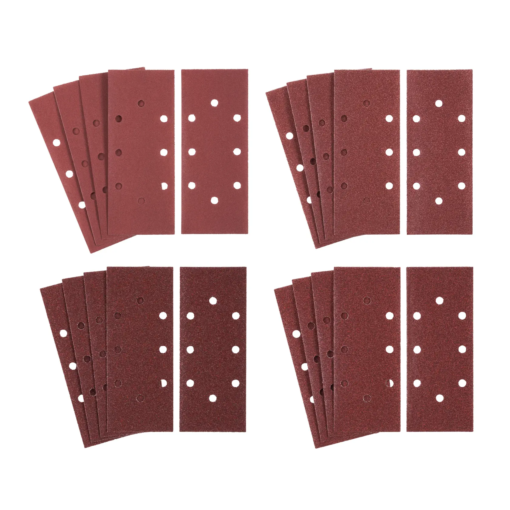 STANLEY STA31338 rectangular sanding sheets, red, photography, top angle, four sets with holes.