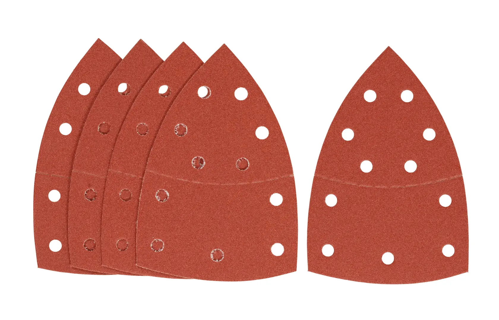 Photo of STANLEY STA31725 sanding sheets, pack of five, brown with multiple holes, shown on white background.