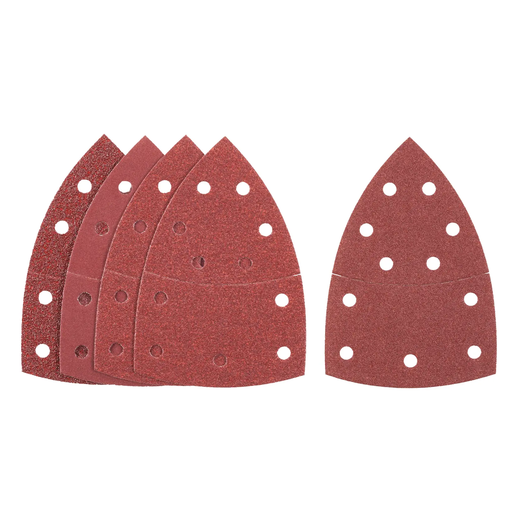 STANLEY STA31730 sanding sheets set, brown grit, with round holes, product photography, front angle.