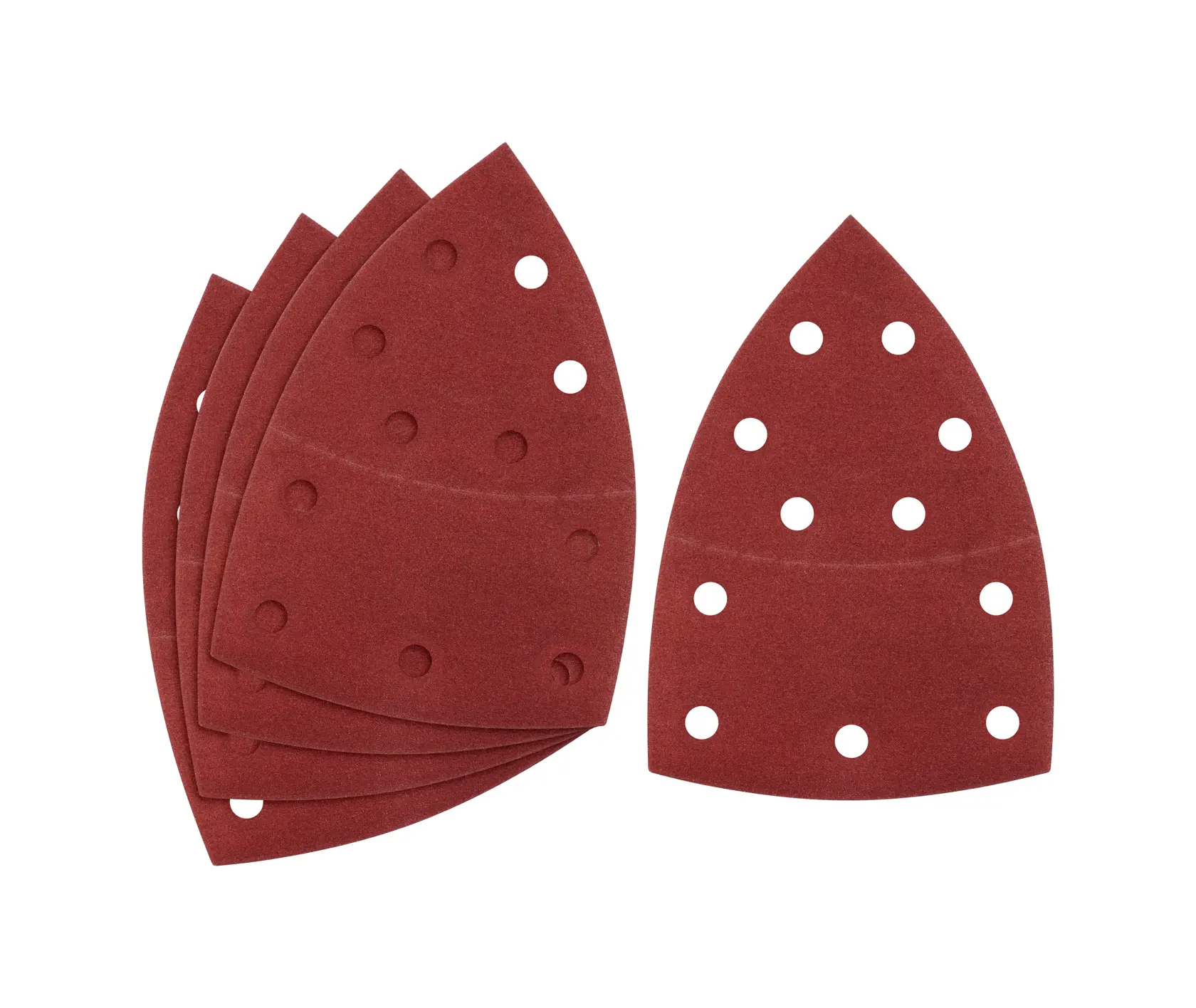 STANLEY STA31740-XJ pack of red triangular sanding sheets with holes, shown from top view.