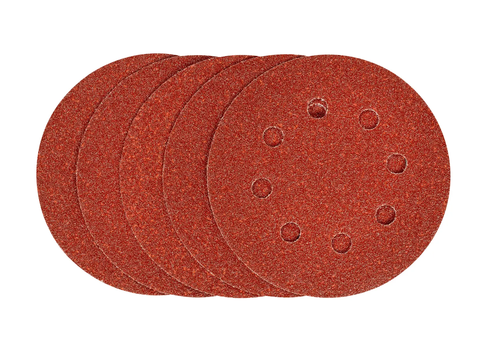 STANLEY STA32002 sanding discs, red, round with holes, front angle, photography of product set.