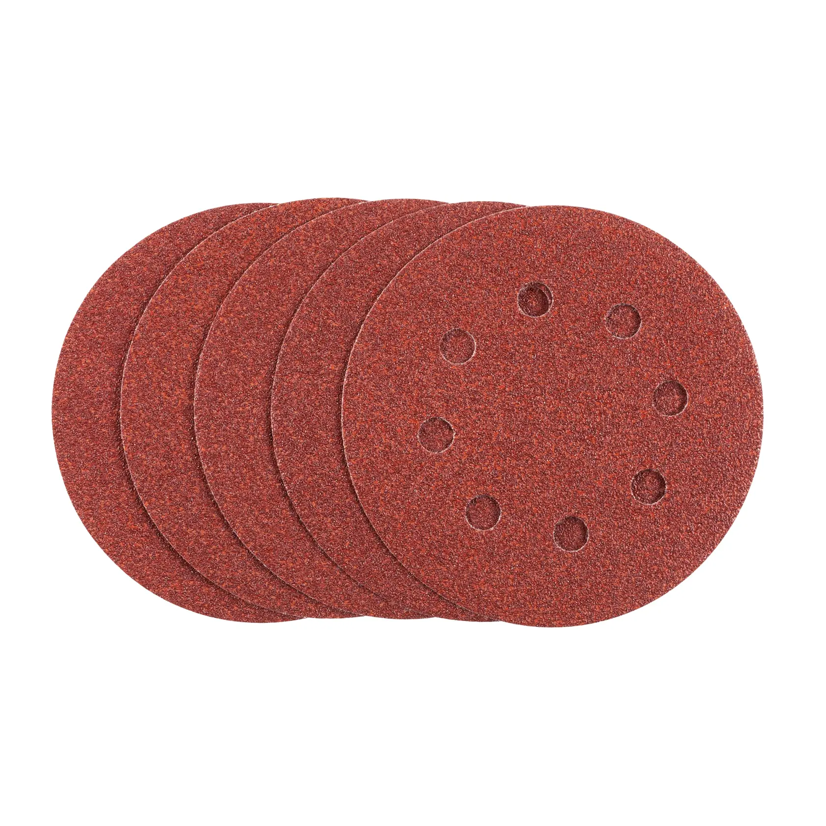 STANLEY STA32007 sanding discs, set of five round red abrasive pads with ventilation holes, top view, white background.