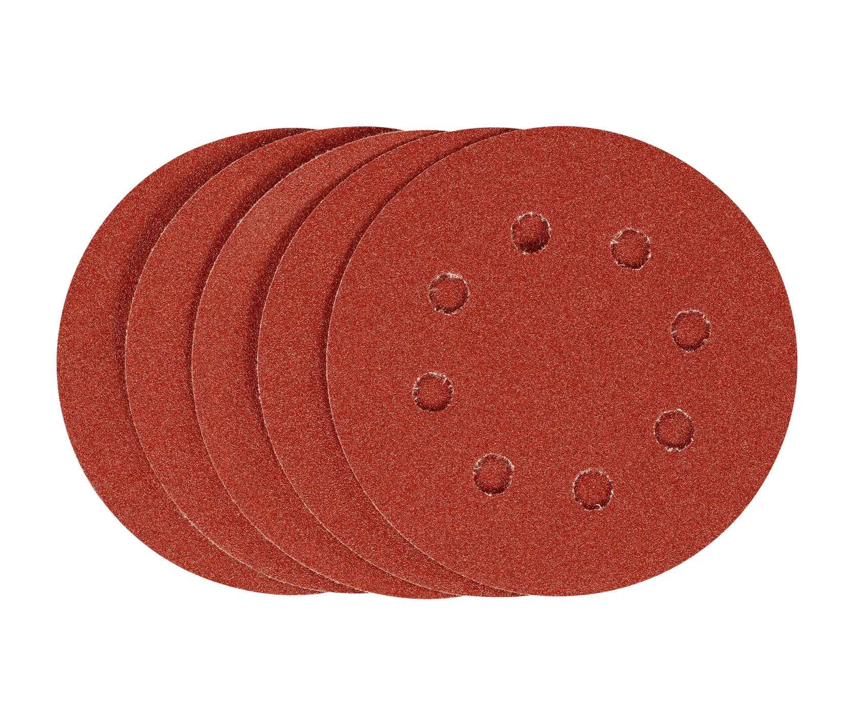 STANLEY STA32012 pack of round red sanding discs with 8 holes, front angle, abrasive accessory.