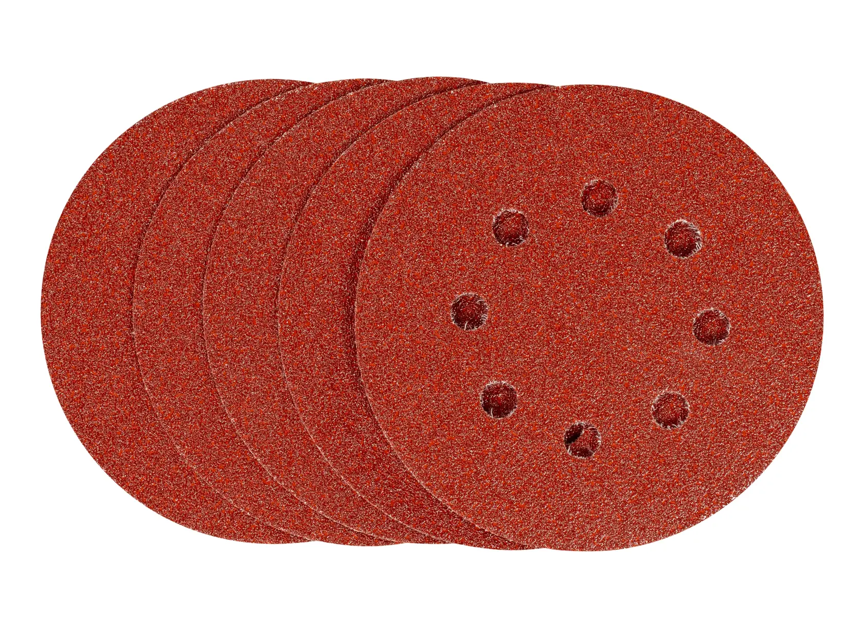 STANLEY STA32027 red round sanding discs set for orbital sanders, front angle, six holes visible.