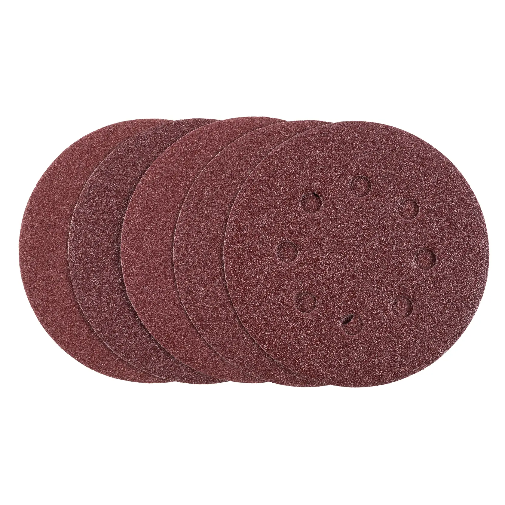 STANLEY STA32032 sanding discs, set of five, brown abrasive, front angle, with dust holes visible.