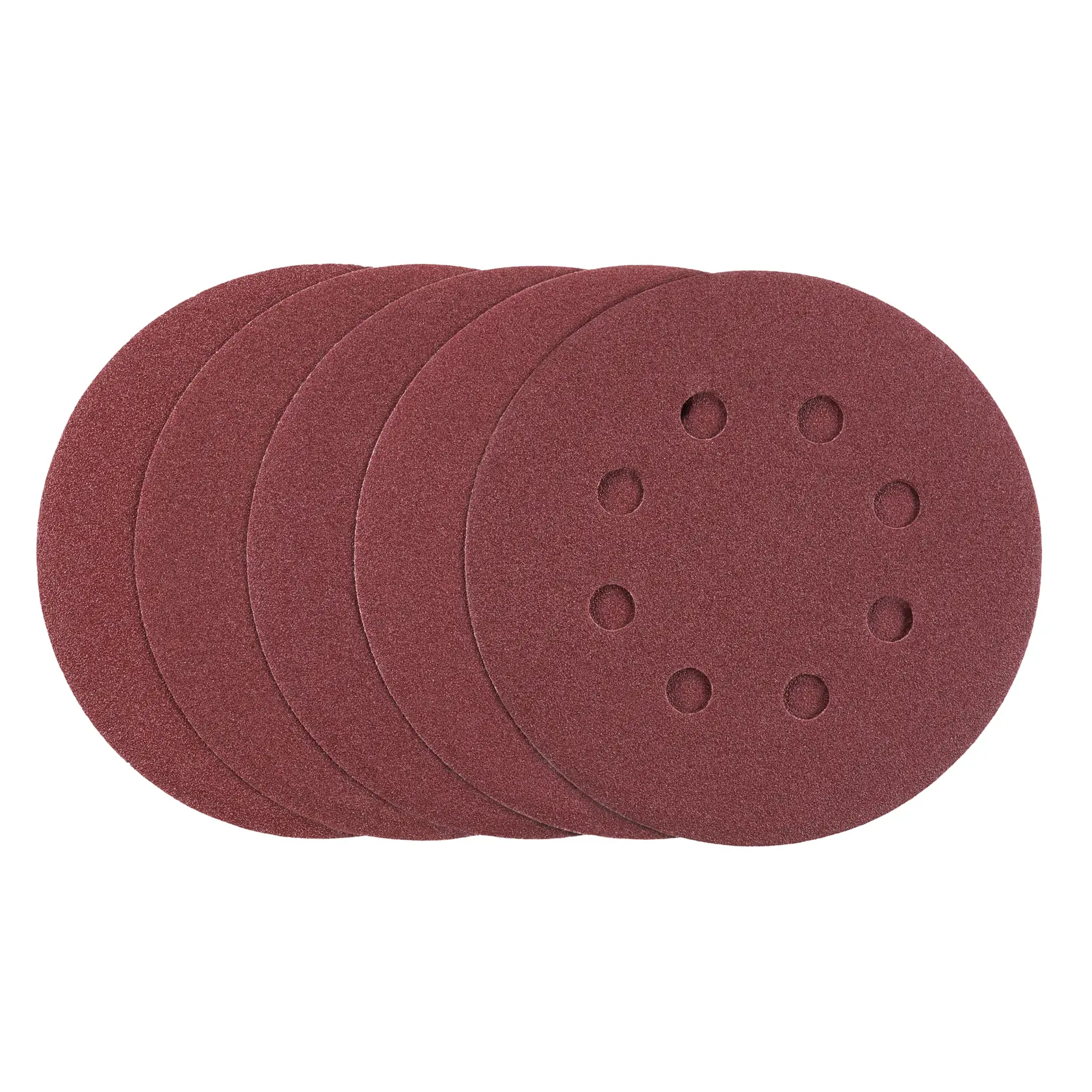 STANLEY STA32037 abrasive sanding discs, set of five, brown, round, with perforation, top view.