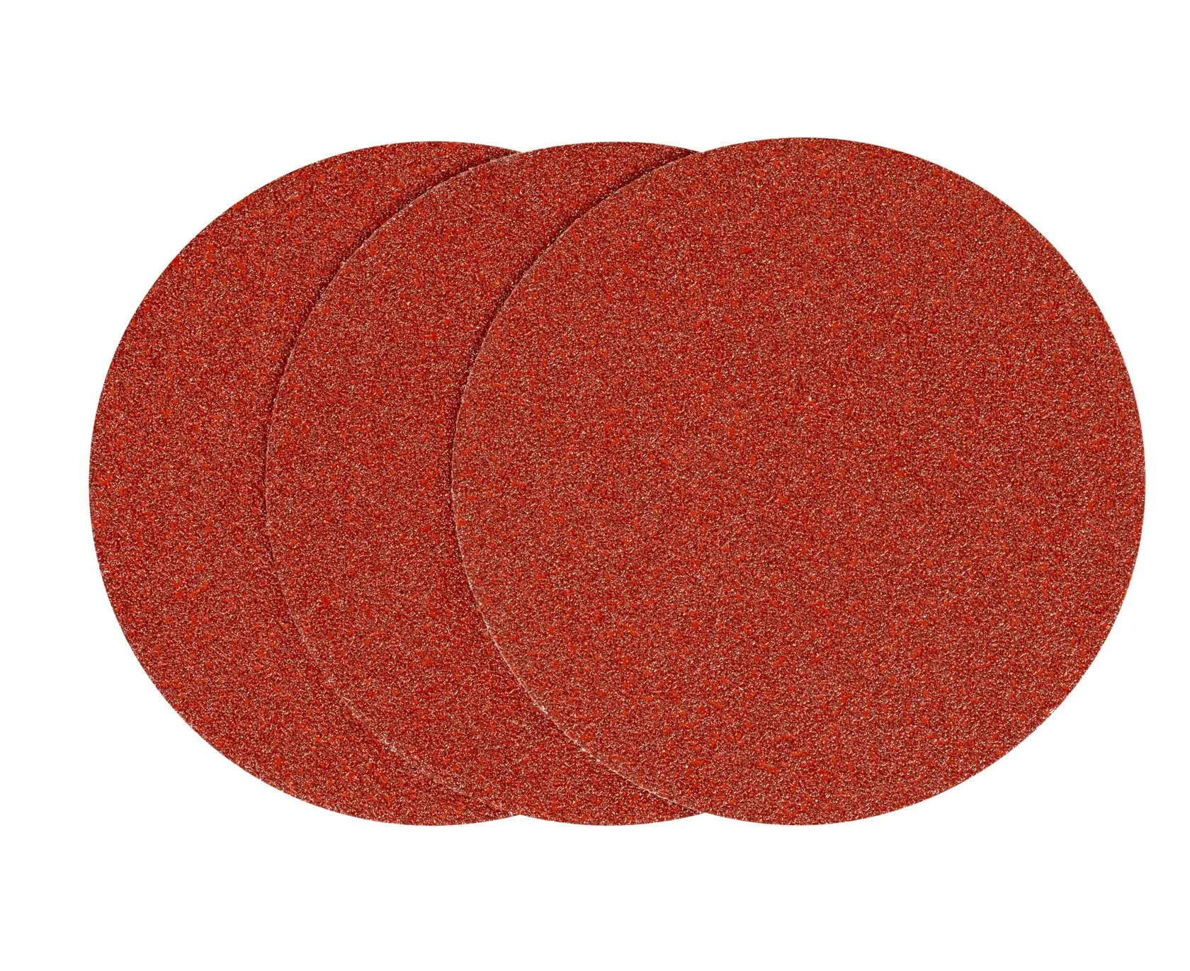 STANLEY STA32067 circular red abrasive sanding discs, set of three, top view on white background.