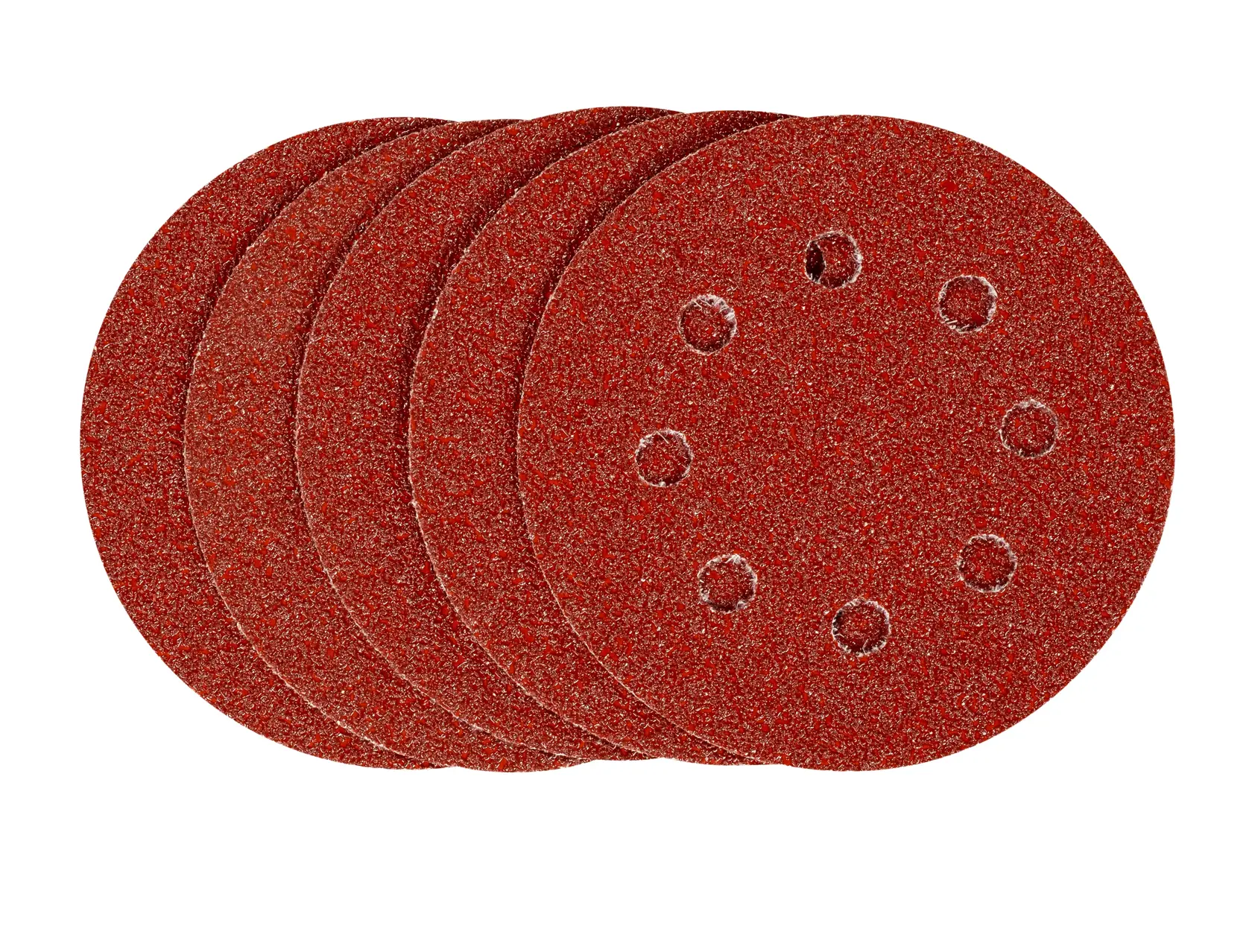 STANLEY STA32167 sanding discs set, red, circular with holes, product photo on white background.