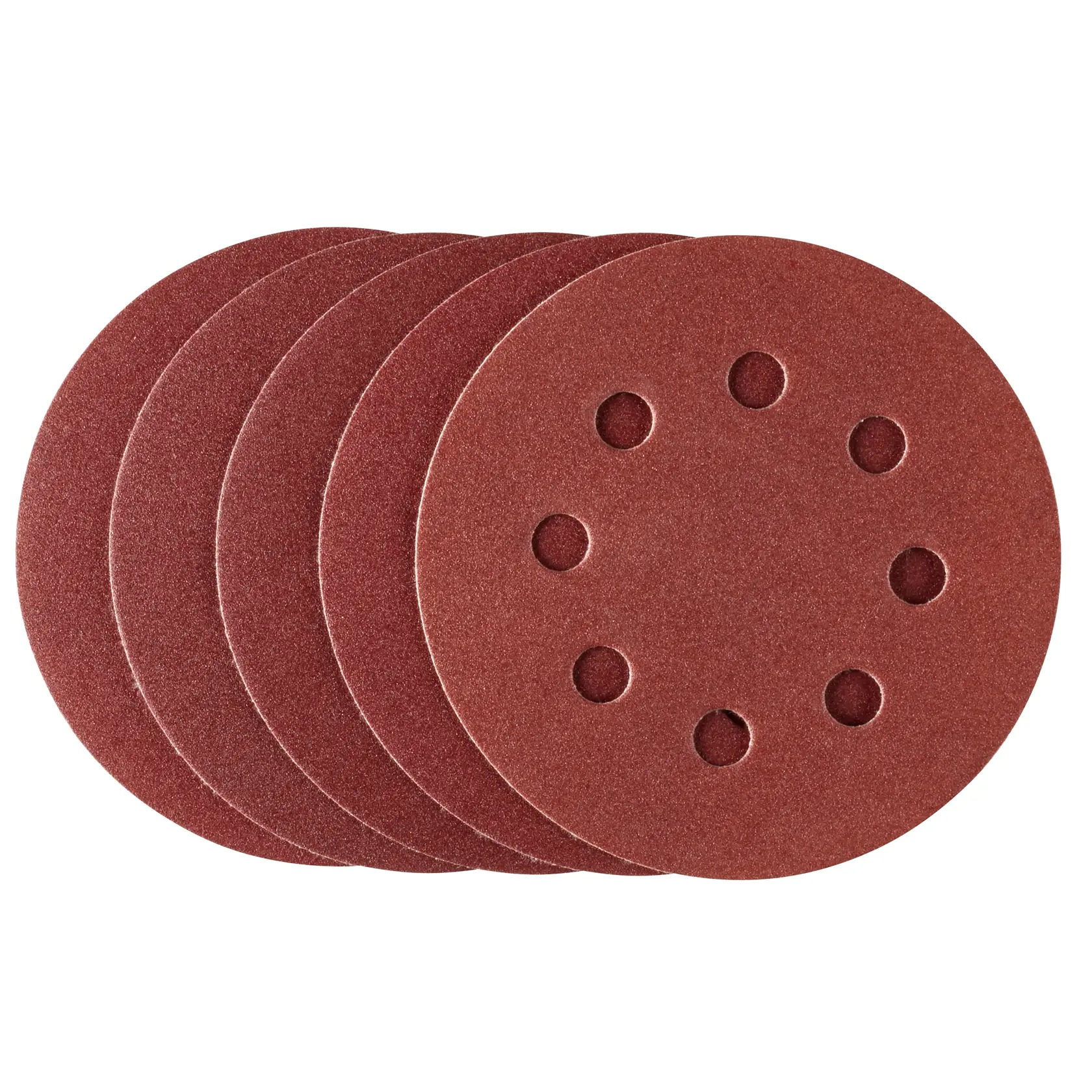STANLEY STA32172 round sanding discs set, brown, with 8 dust extraction holes, front angle on white background.