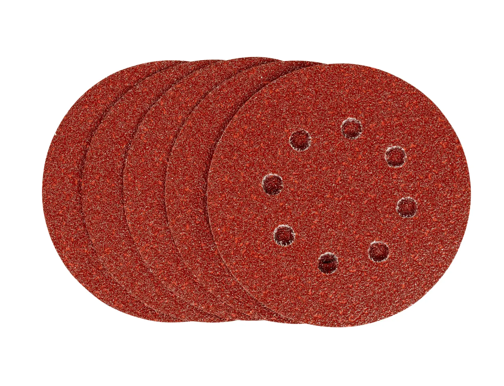 STANLEY STA32177 red circular sanding discs with ventilation holes, product photography white background.