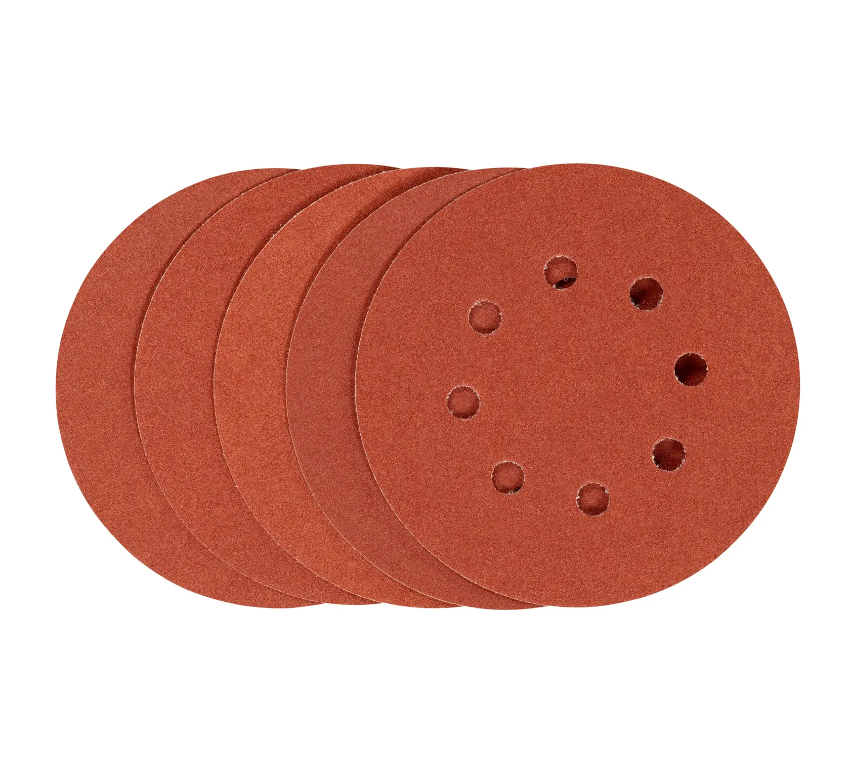 STANLEY STA32182 round sanding discs in red, photography of five pieces with ventilation holes, front angle.