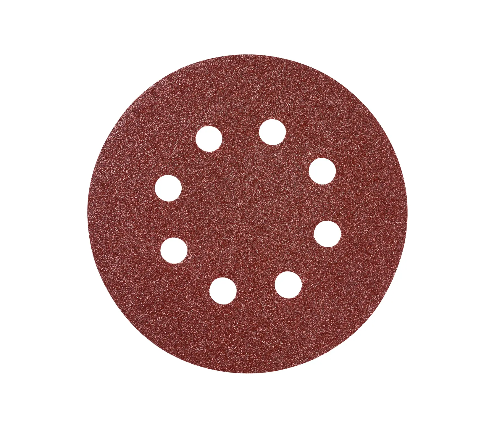 STANLEY STA32392 round sanding disc with 8 holes, reddish-brown, top view on white background.