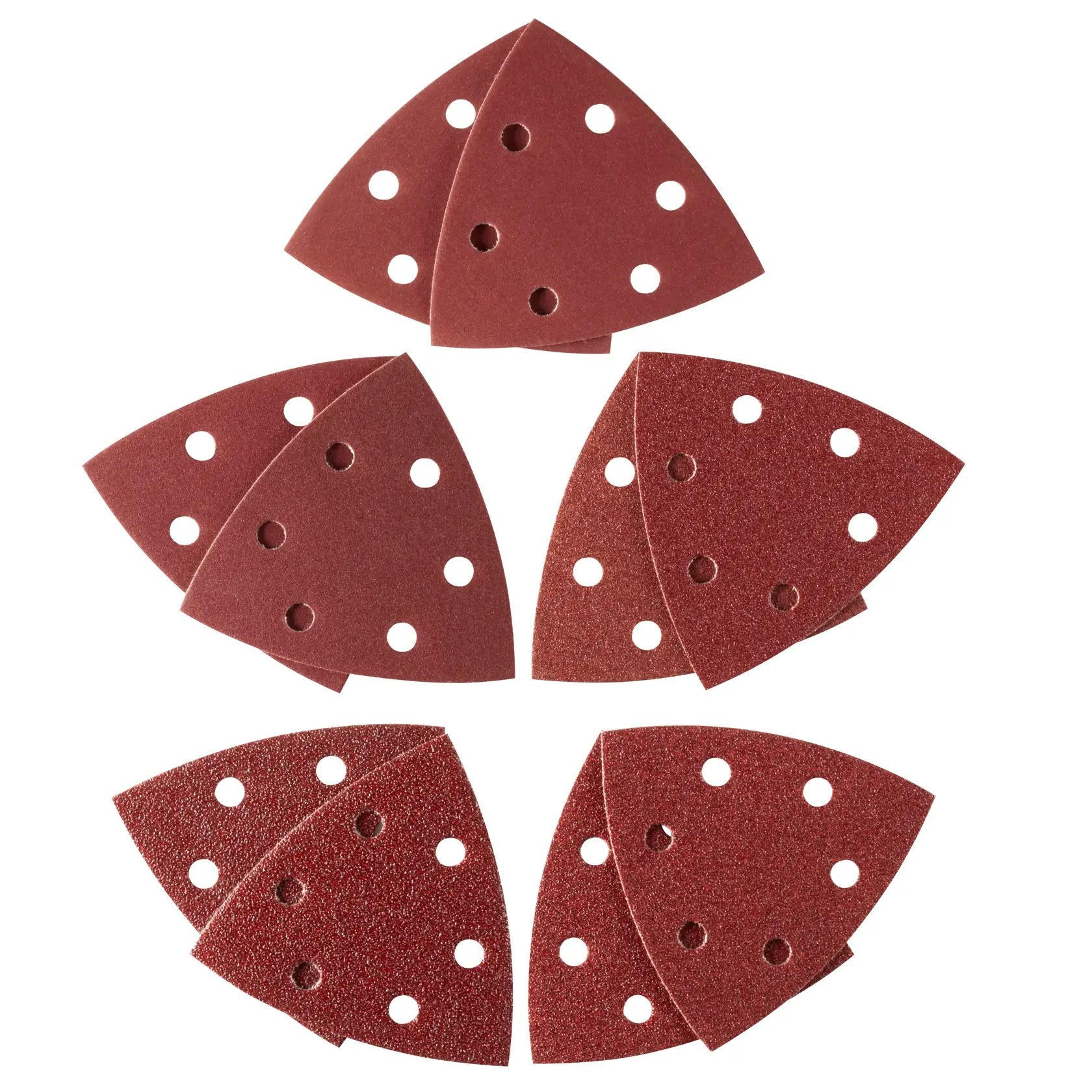 STANLEY STA32482 triangular sanding sheets set, brown with multiple holes, top view, on white background.