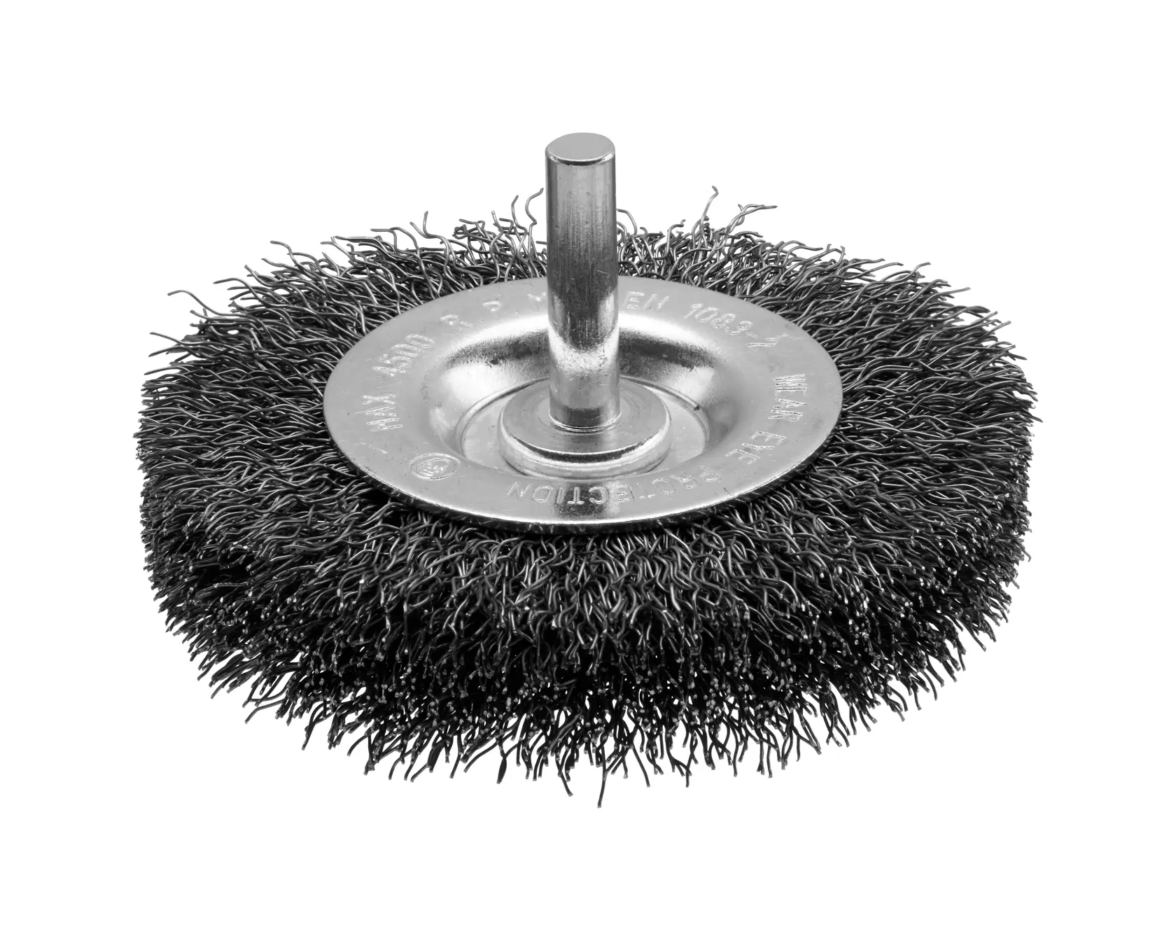 STANLEY STA36005-XJ wire wheel brush with shank, photography on white background.