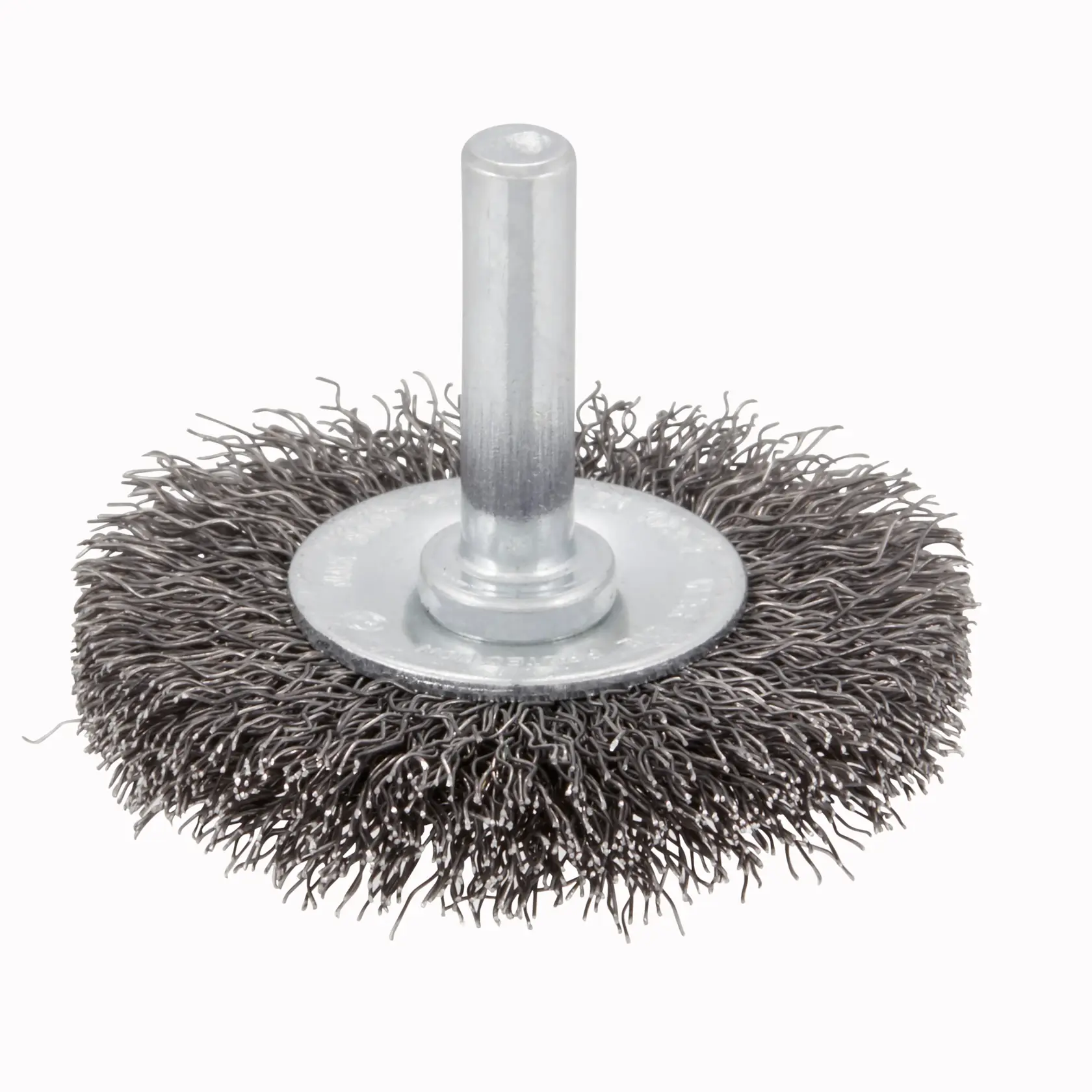 STANLEY STA36020 wire wheel brush, close-up angle, round metal bristles for cleaning and polishing.