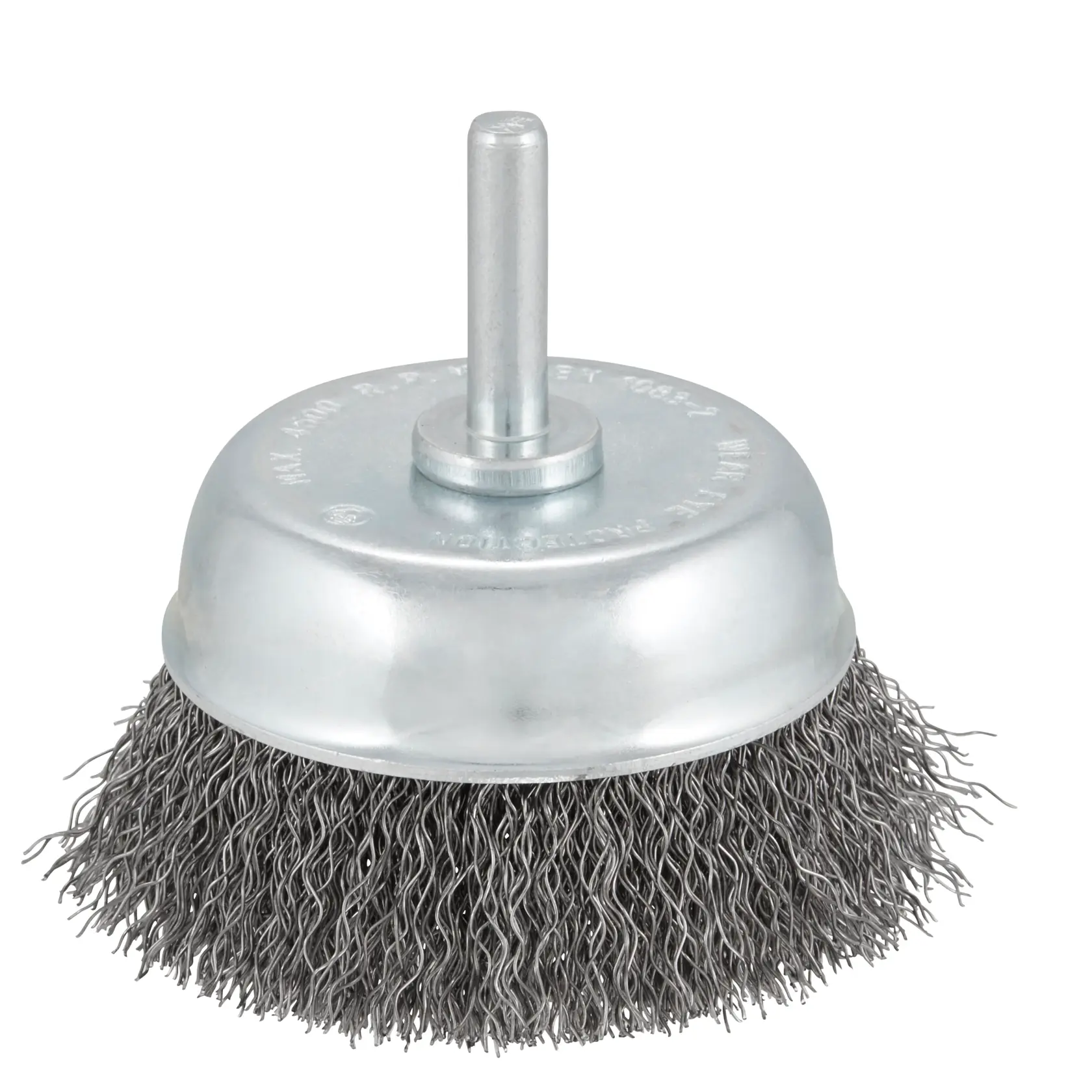 STANLEY STA36040 wire cup brush, metallic finish, side angle, for power tool use.