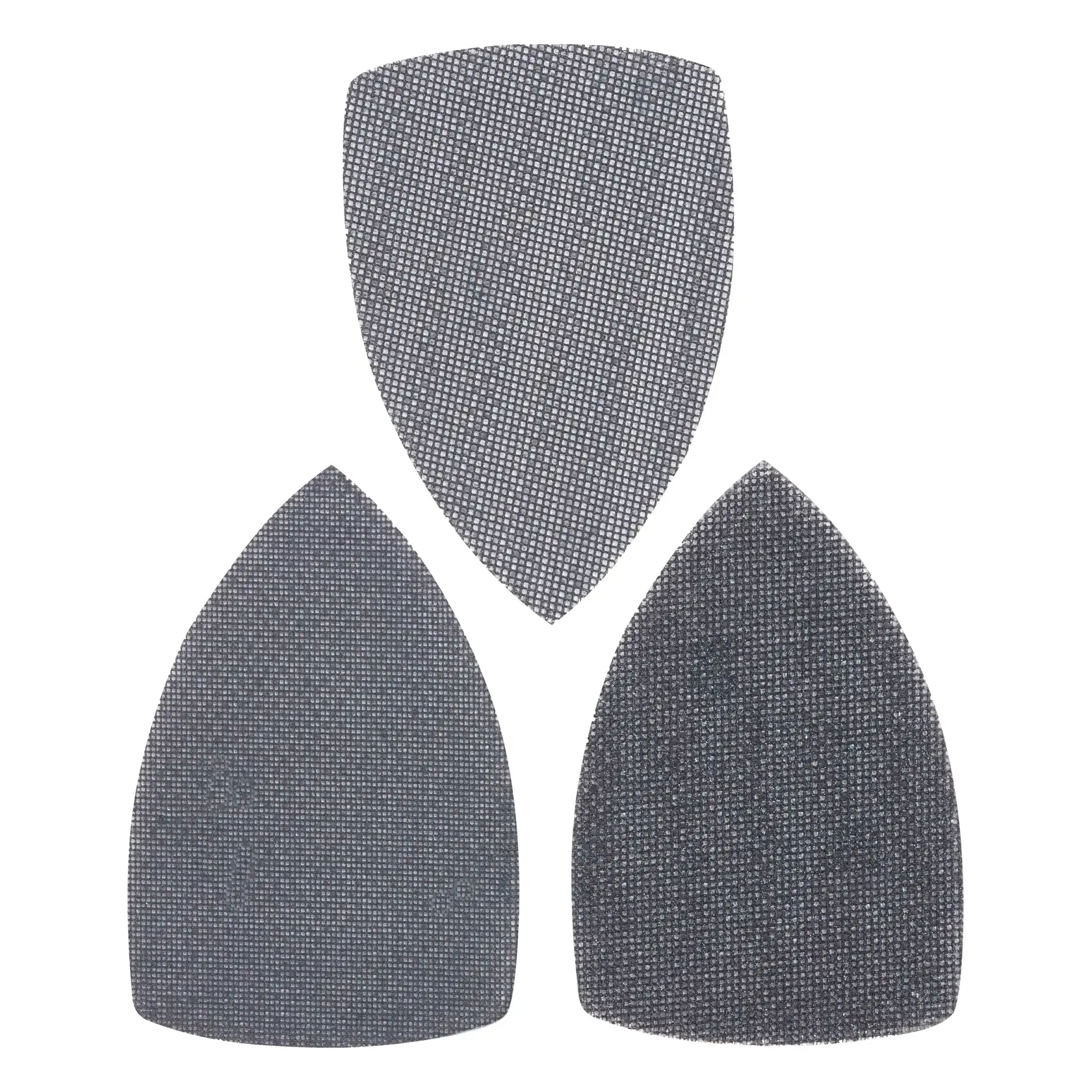 STANLEY STA39167 photography of three grey mesh sanding sheets, top view, triangular shape, on white background.
