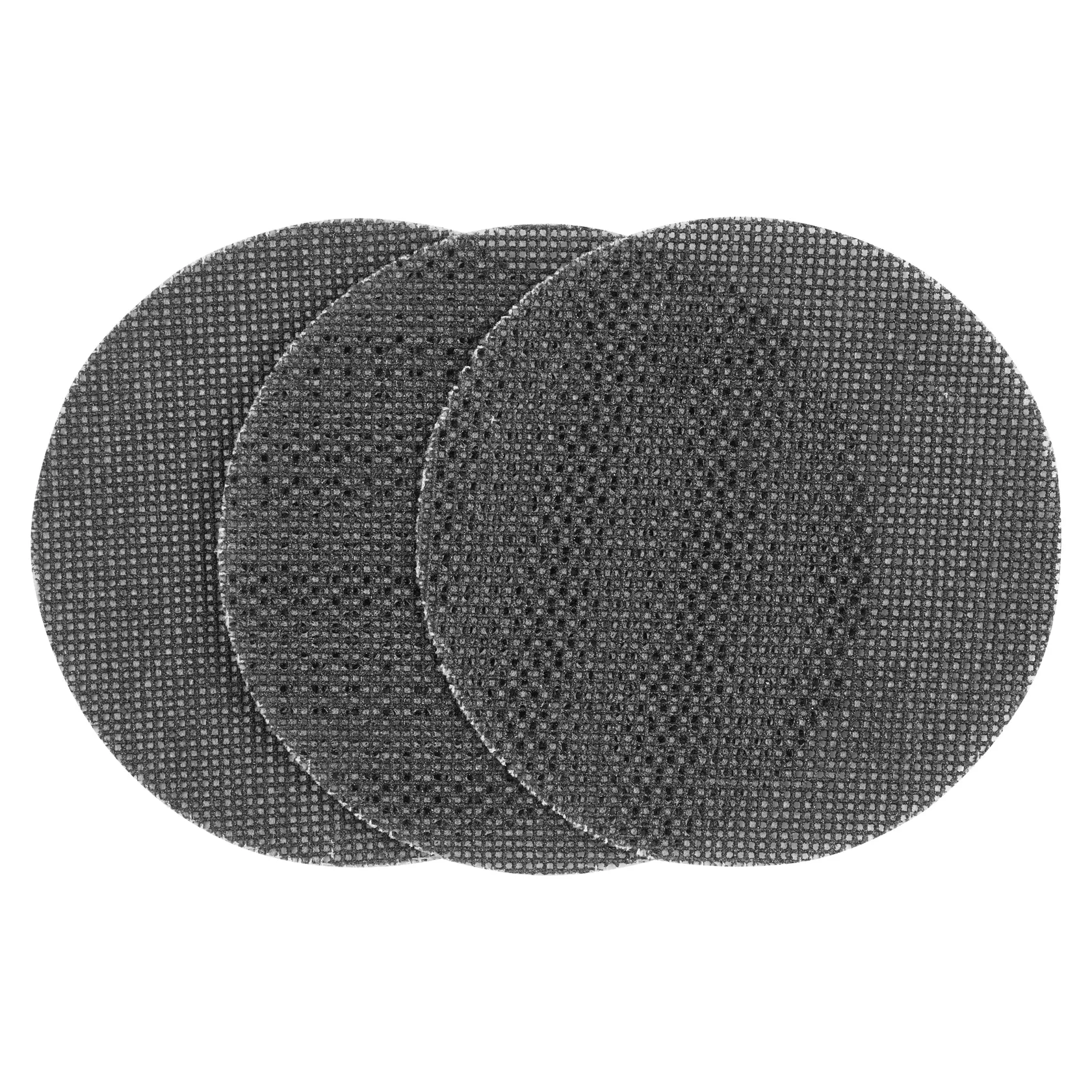 STANLEY STA39222 mesh sanding discs, set of three black round abrasive pads, front view on white background.