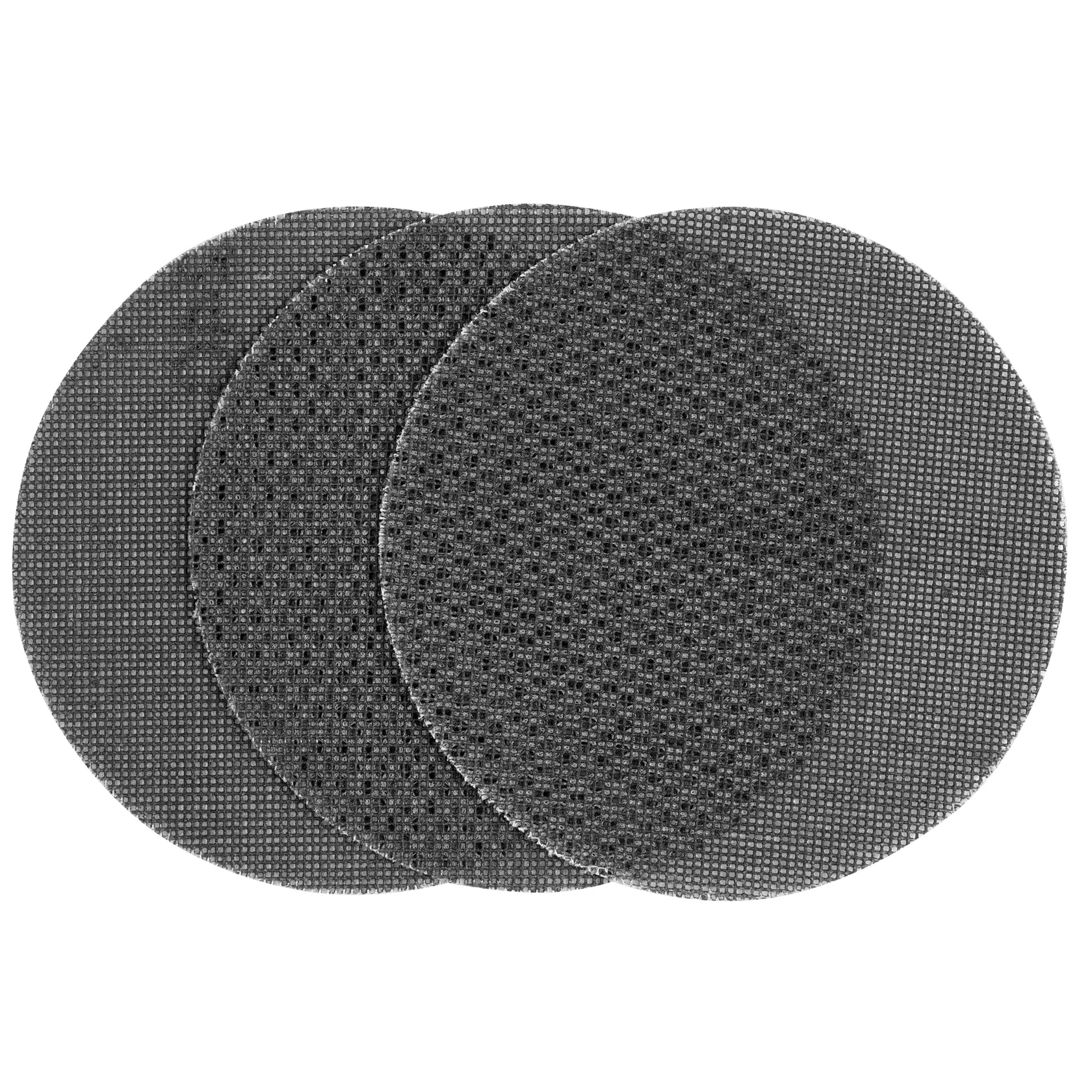 STANLEY STA39232 set of three round mesh sanding discs, black, shown from top view on white background.