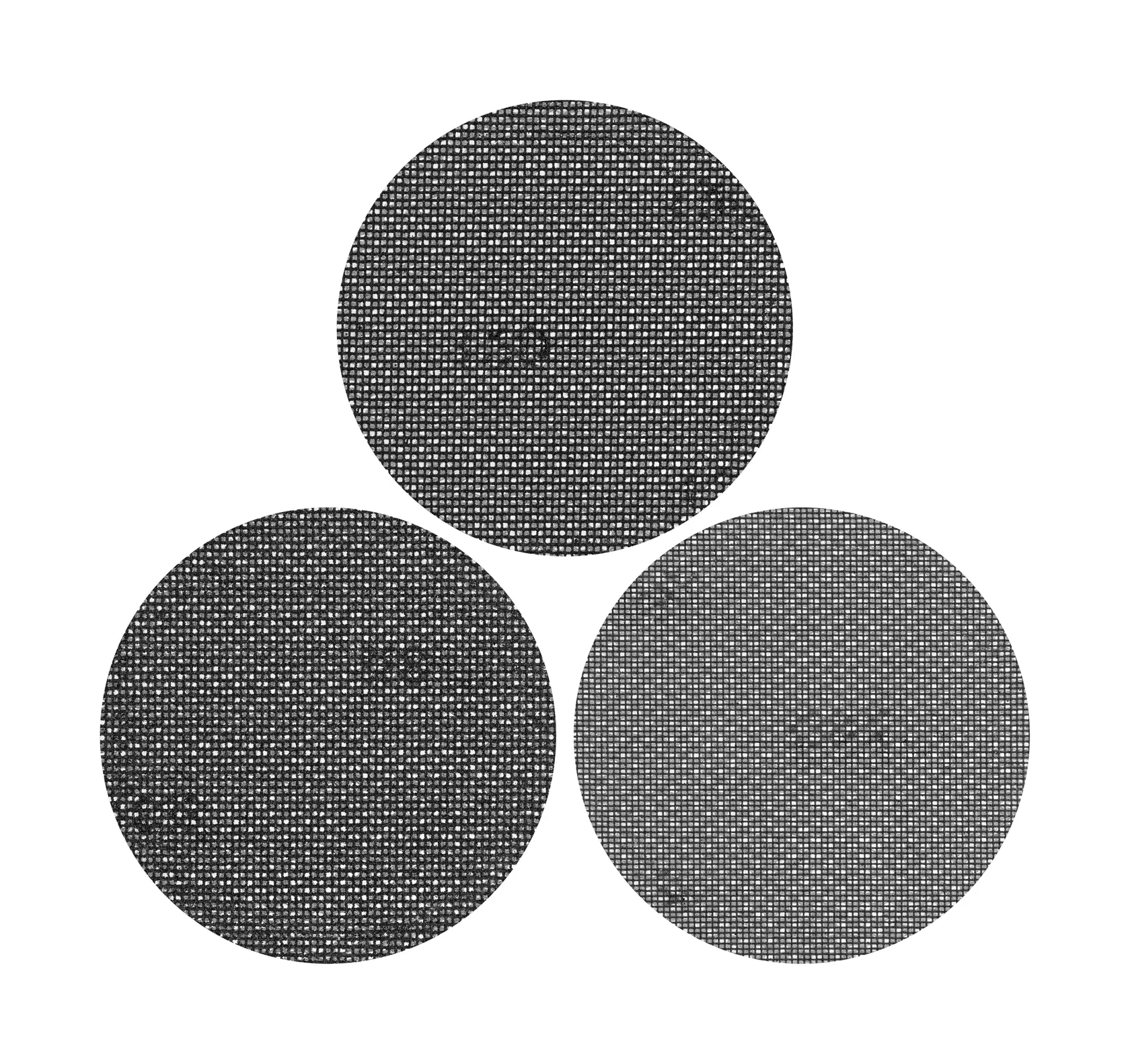 STANLEY STA39237-XJ set of three round black mesh sanding discs, photography, top view on white background.