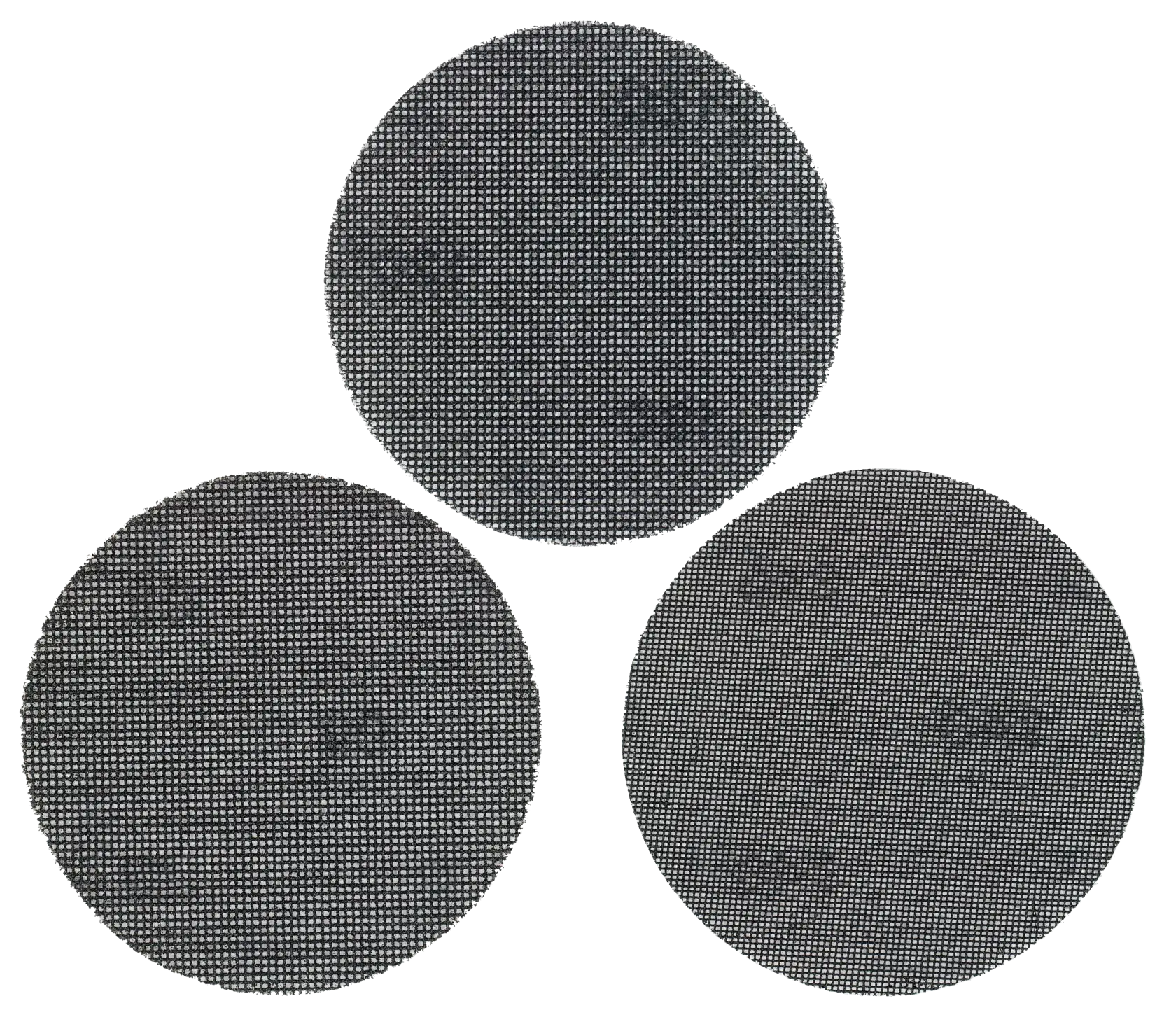 STANLEY STA39267 sanding mesh discs, set of three black round abrasive pads, top view on white background.