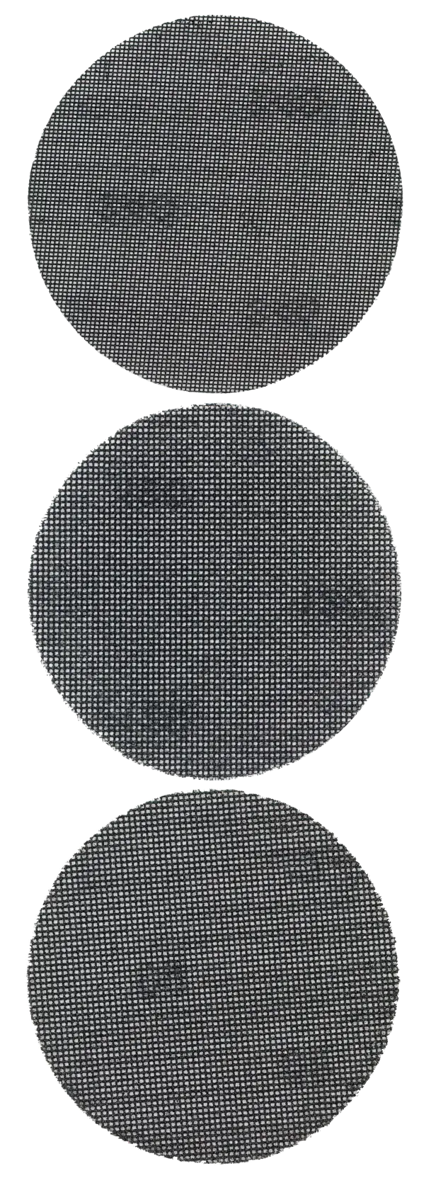 STANLEY STA39267 round mesh sanding discs, set of three, top view on white background.